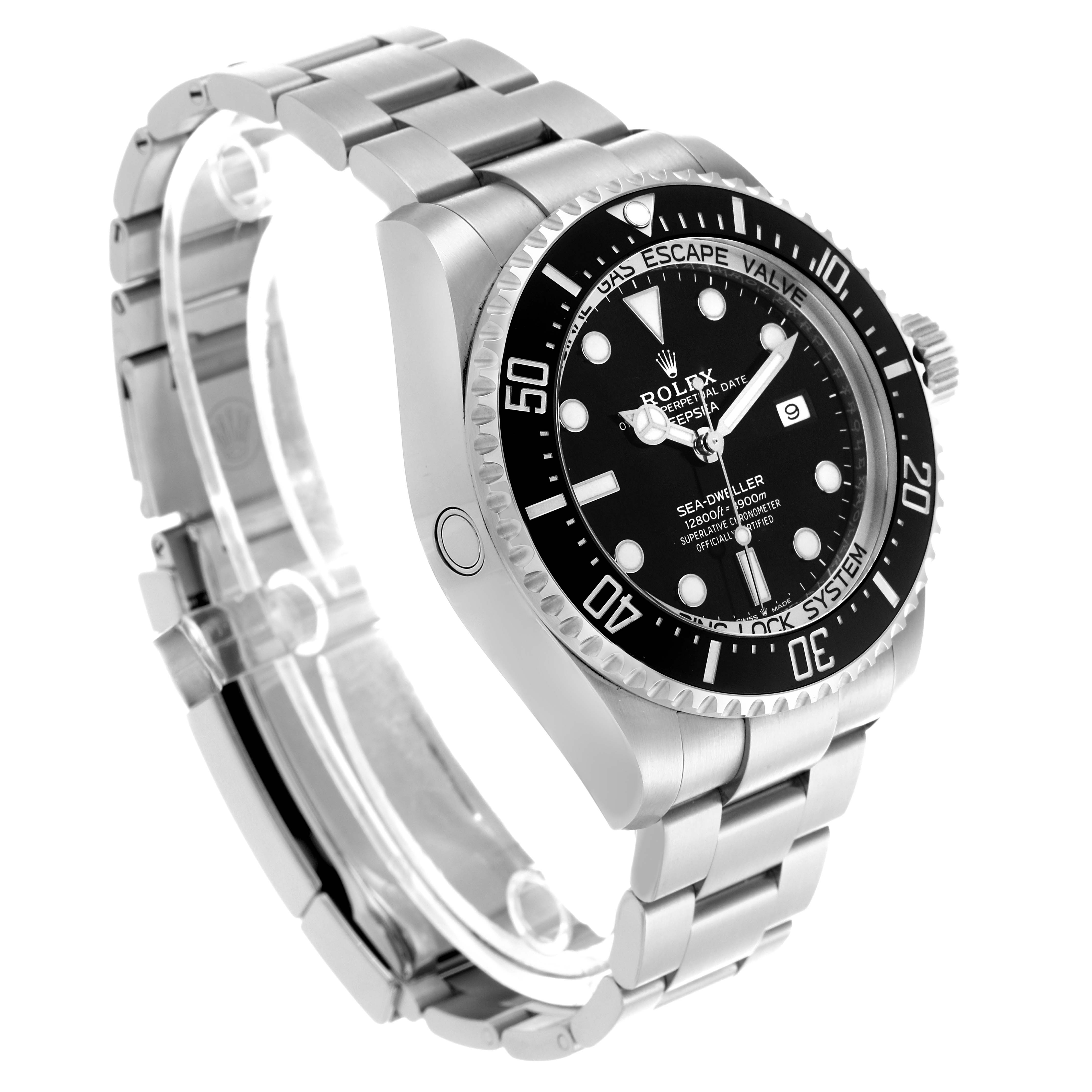 The Rolex Sea-Dweller 126660 Men's Stainless Steel Black Dial 126660 Men's Stainless Steel Black Dial watch is shown at a three-quarter angle, highlighting its dial, bezel, bracelet, and helium escape valve.