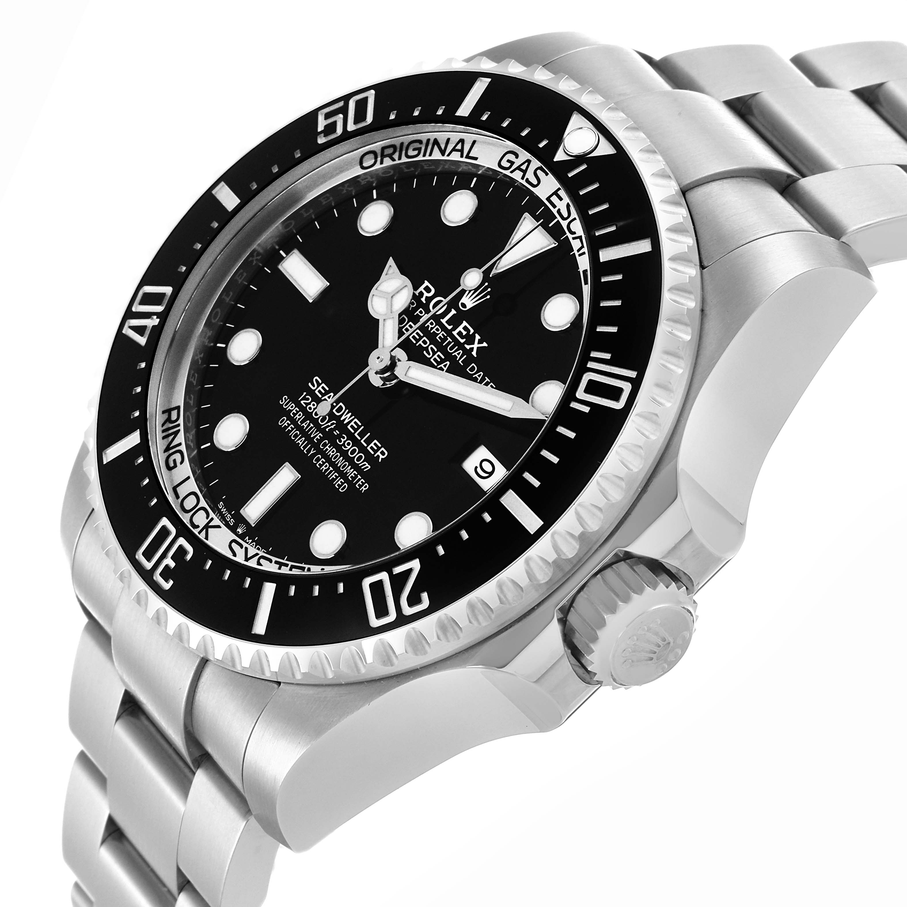 The Rolex Sea-Dweller 126660 Men's Stainless Steel Black Dial 126660 Men's Stainless Steel Black Dial watch is shown at an angled side view, highlighting the bezel, crown, and bracelet.