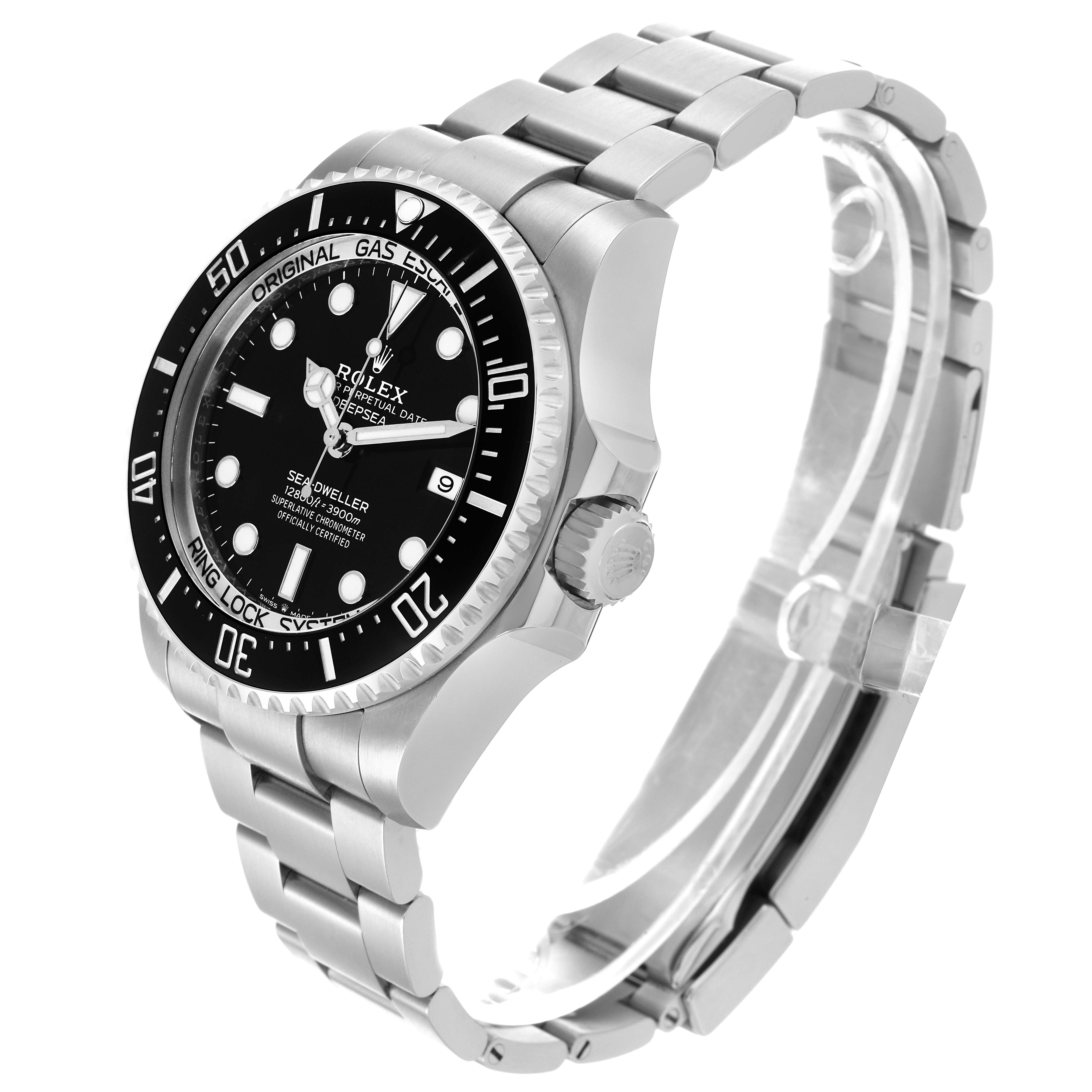 The Rolex Sea-Dweller 126660 Men's Stainless Steel Black Dial 126660 Men's Stainless Steel Black Dial watch is shown at a three-quarter angle, highlighting the dial, bezel, crown, and bracelet.