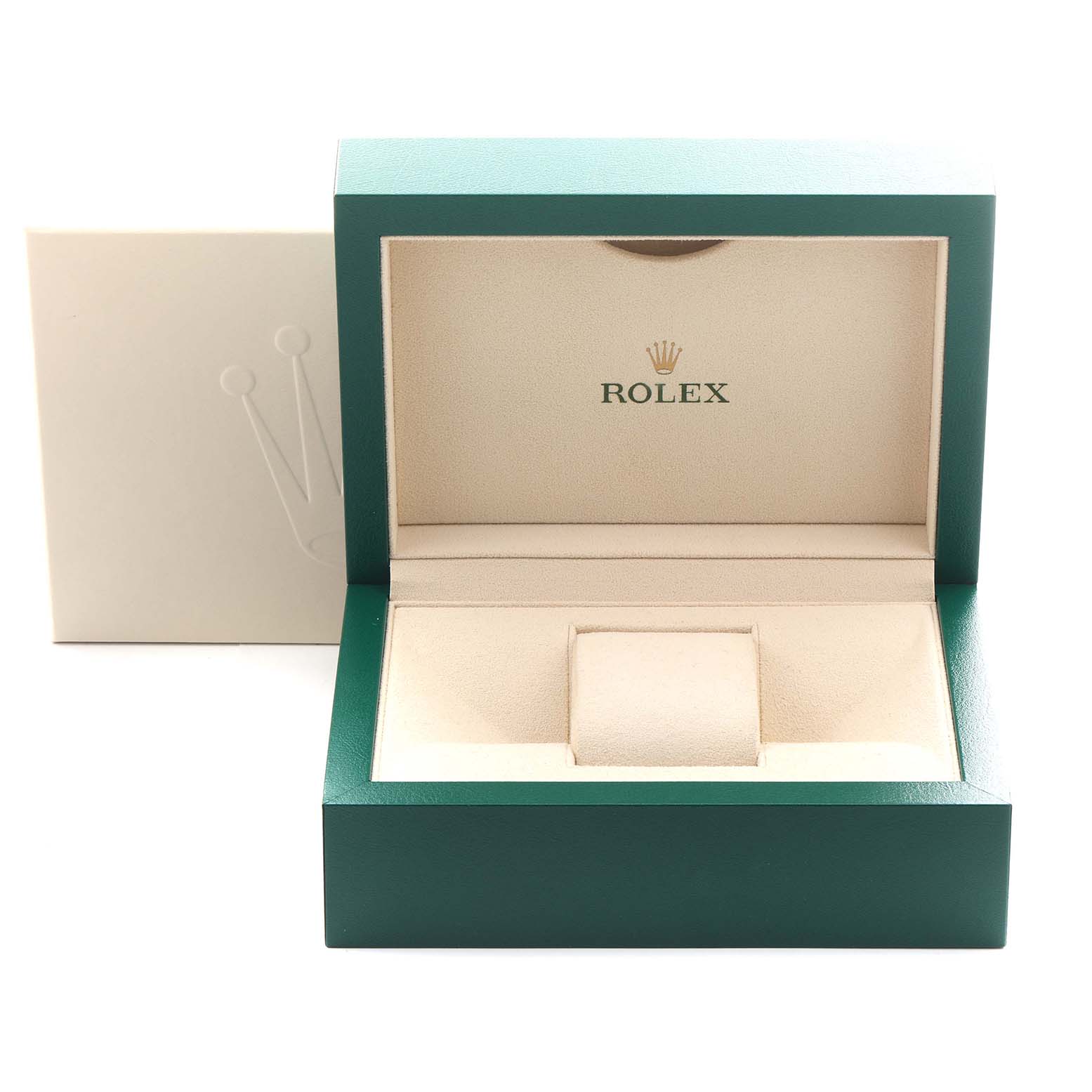 The image shows an open Rolex watch box, likely for the Sea-Dweller model, from a front angle.