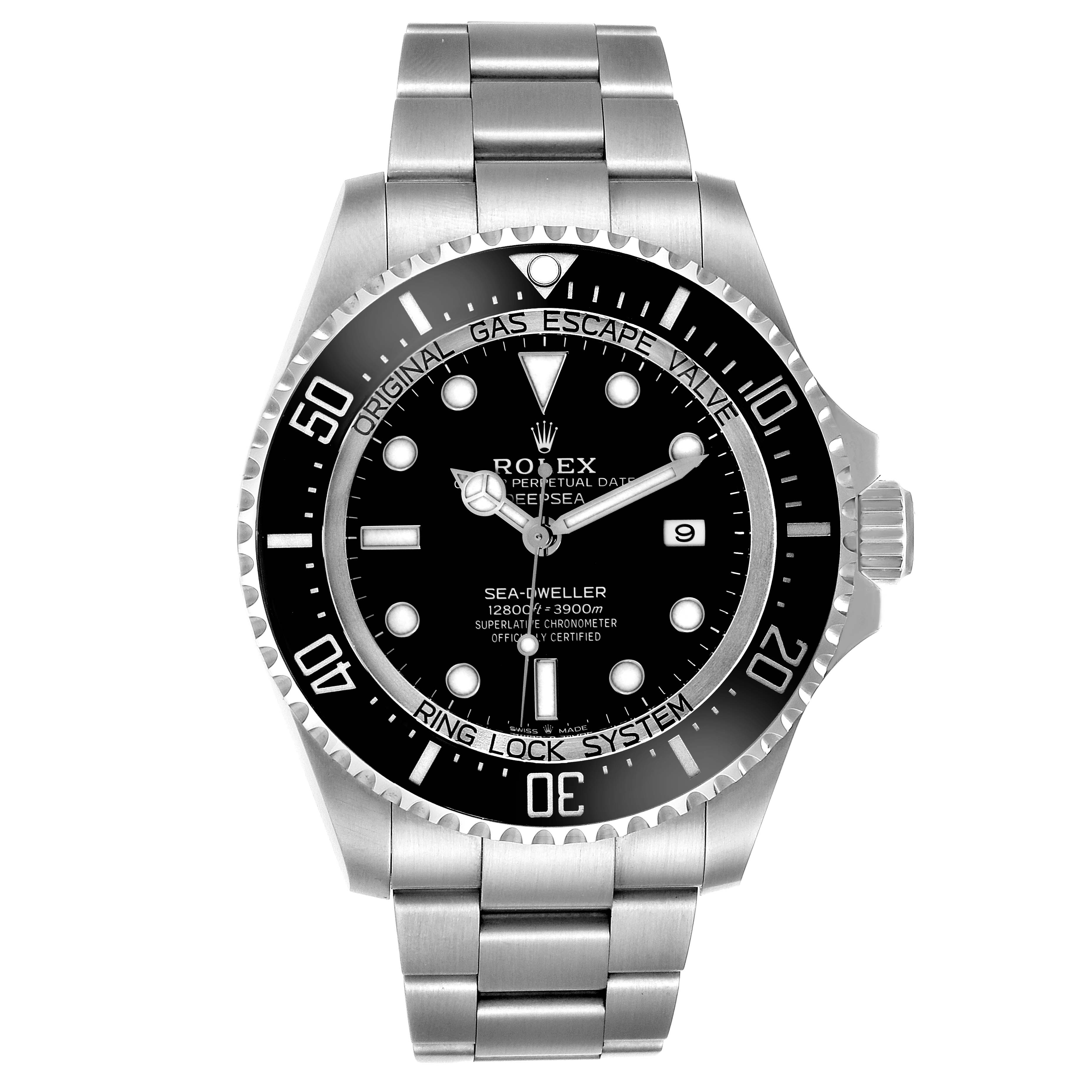 The Rolex Sea-Dweller 126660 Men's Stainless Steel Black Dial 126660 Men's Stainless Steel Black Dial watch is shown from a top-down angle, highlighting the dial, bezel, crown, and bracelet.