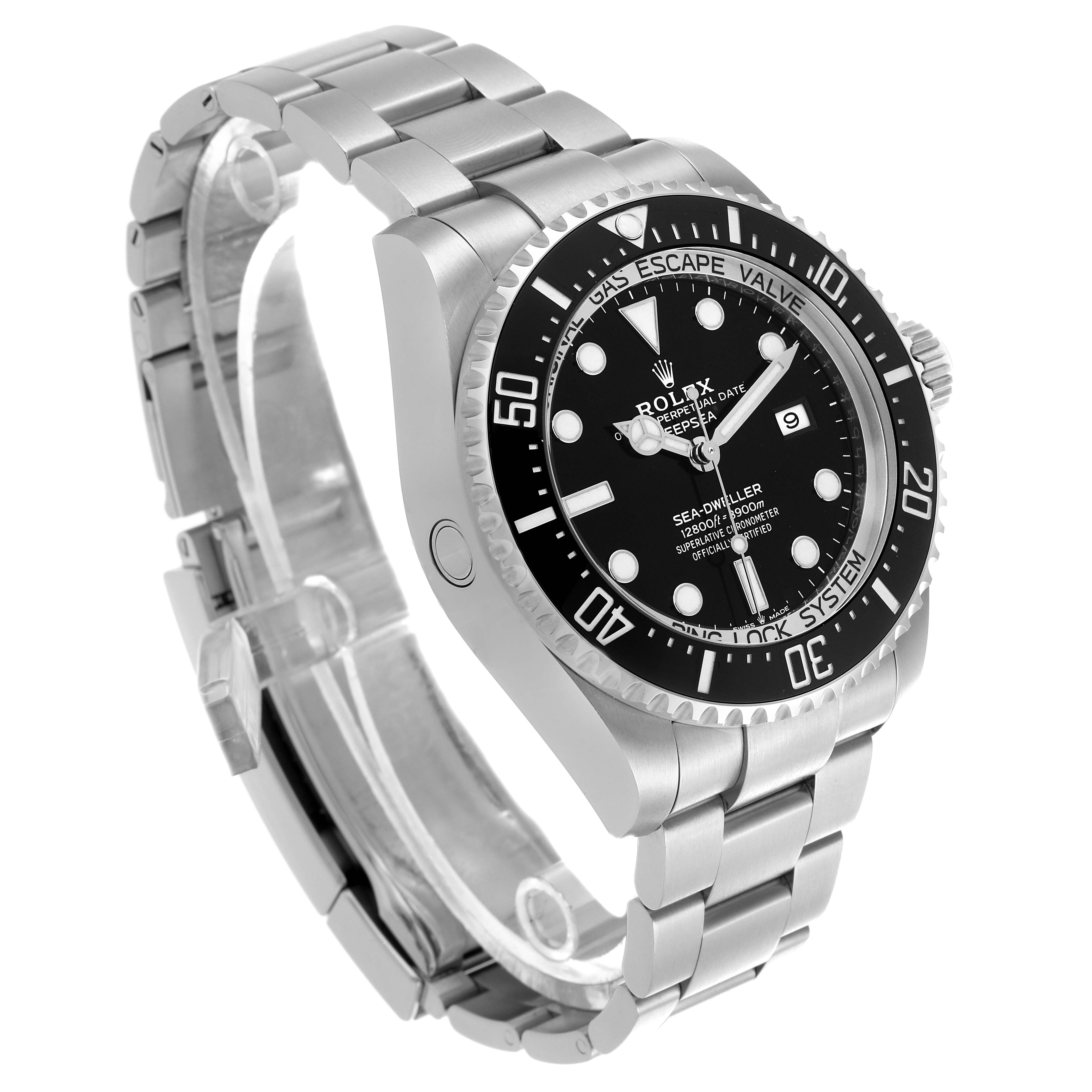 The Rolex Sea-Dweller 126660 Men's Stainless Steel Black Dial 126660 Men's Stainless Steel Black Dial watch is shown at an angled front view, highlighting the bezel, dial, and bracelet.