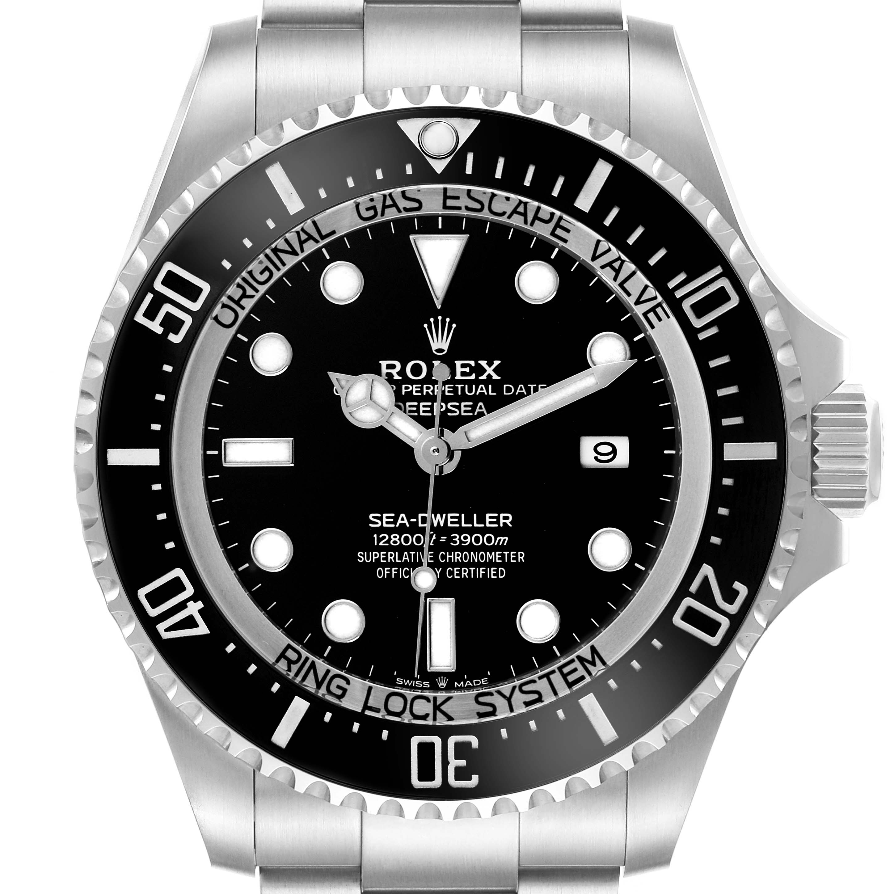The image shows a front view of the Rolex Sea-Dweller 126660 Men's Stainless Steel Black Dial 126660 Men's Stainless Steel Black Dial with the dial, bezel, and part of the bracelet visible.