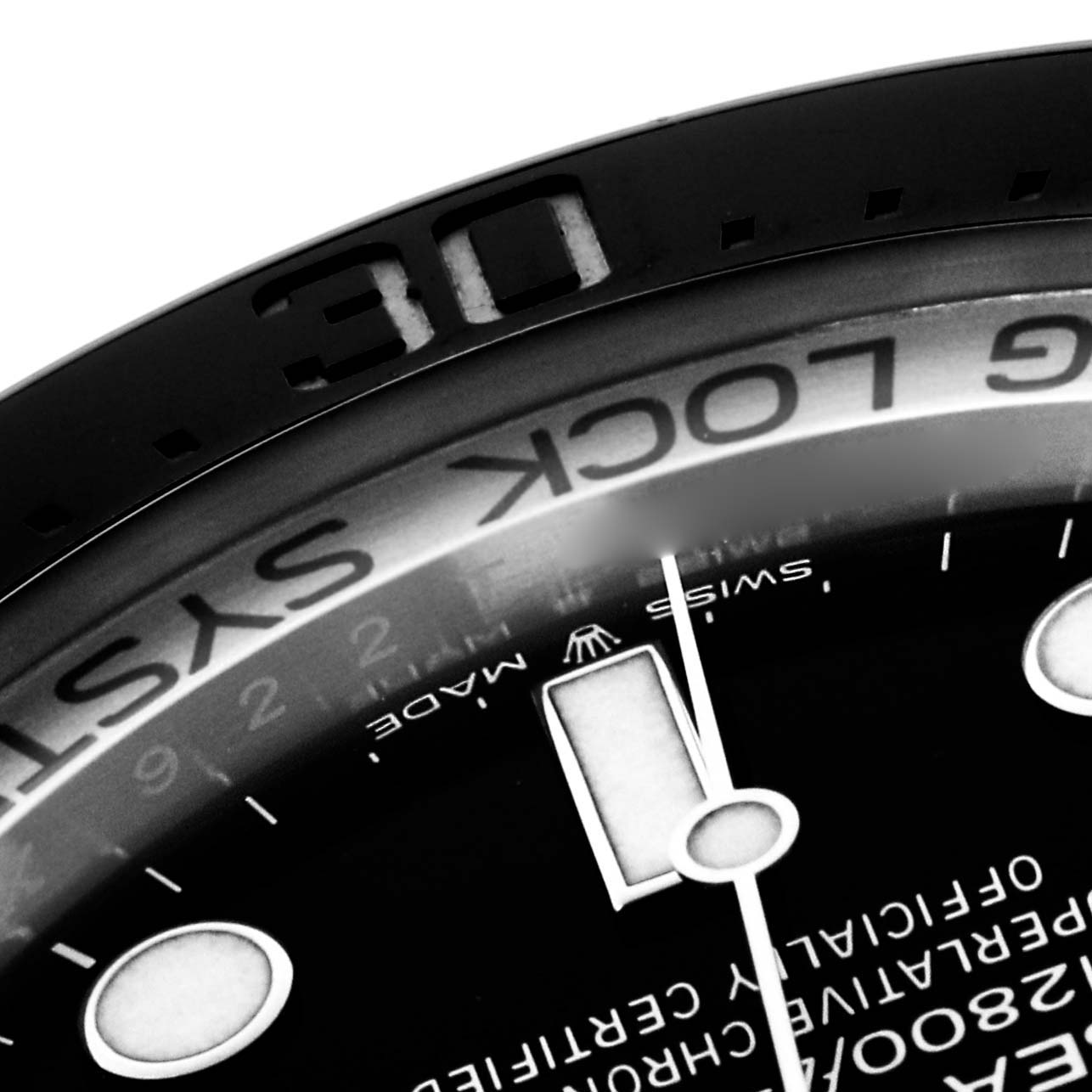 The image shows a close-up of the bezel and dial of a Rolex Sea-Dweller 126660 Men's Stainless Steel Black Dial 126660 Men's Stainless Steel Black Dial, focusing on the "30" marker and partially visible text.
