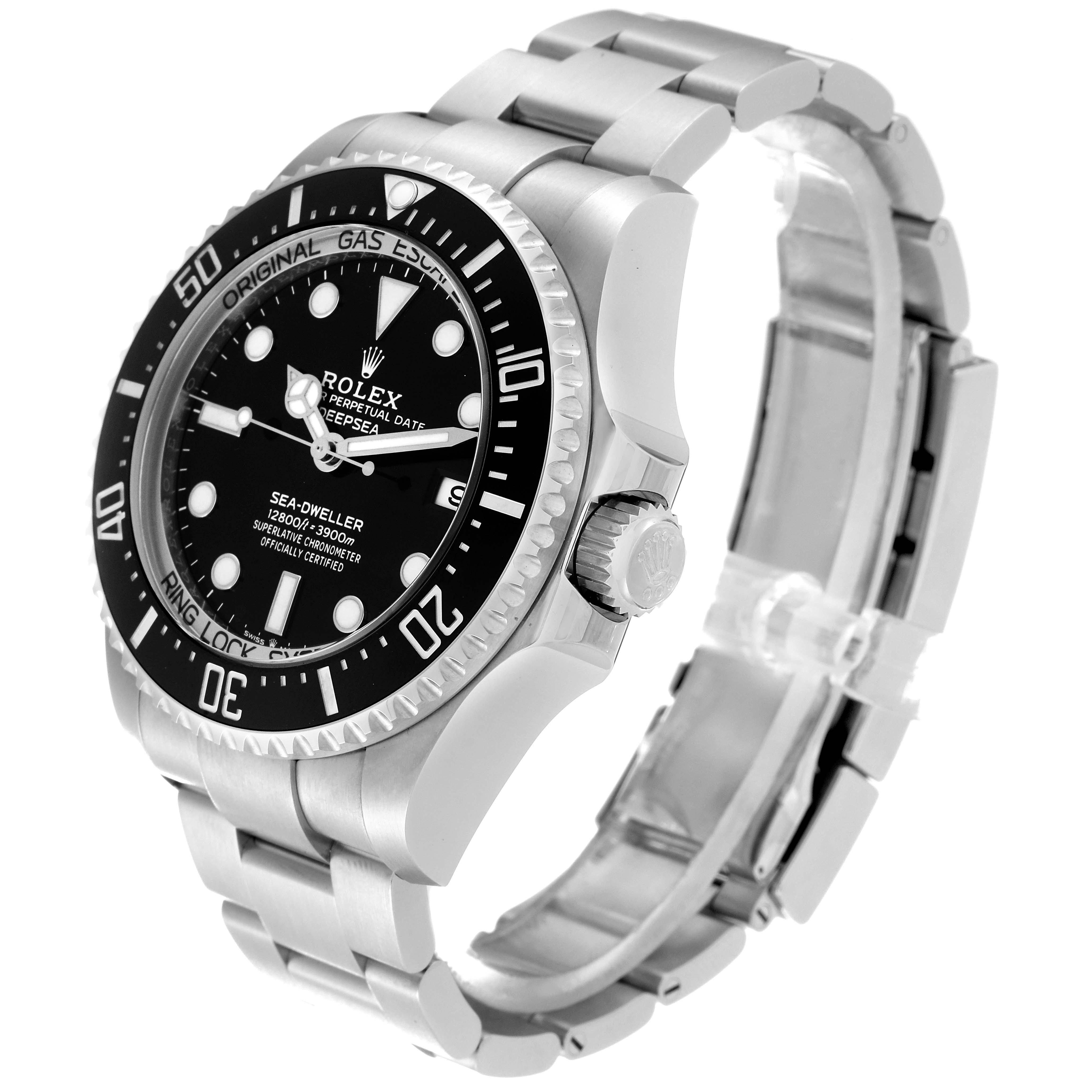 This Rolex Sea-Dweller 136660 Men
s Stainless Steel Black Dial 136660 Men
s Stainless Steel Black Dial watch is shown from a three-quarter angle, highlighting the dial, bezel, crown, and bracelet.