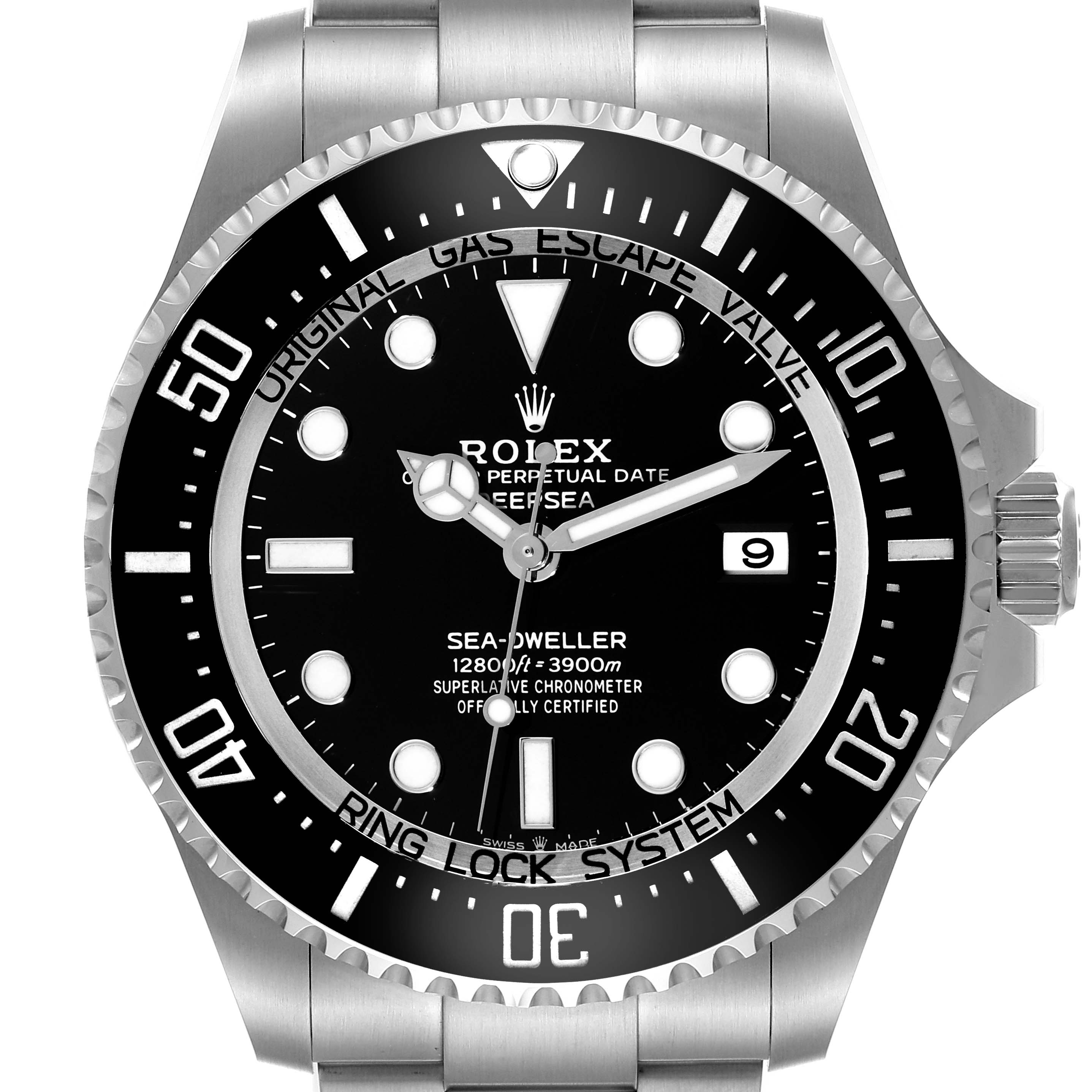 This image shows a front view of a Rolex Sea-Dweller 136660 Men
s Stainless Steel Black Dial 136660 Men
s Stainless Steel Black Dial watch, highlighting its face, bezel, and part of its bracelet.