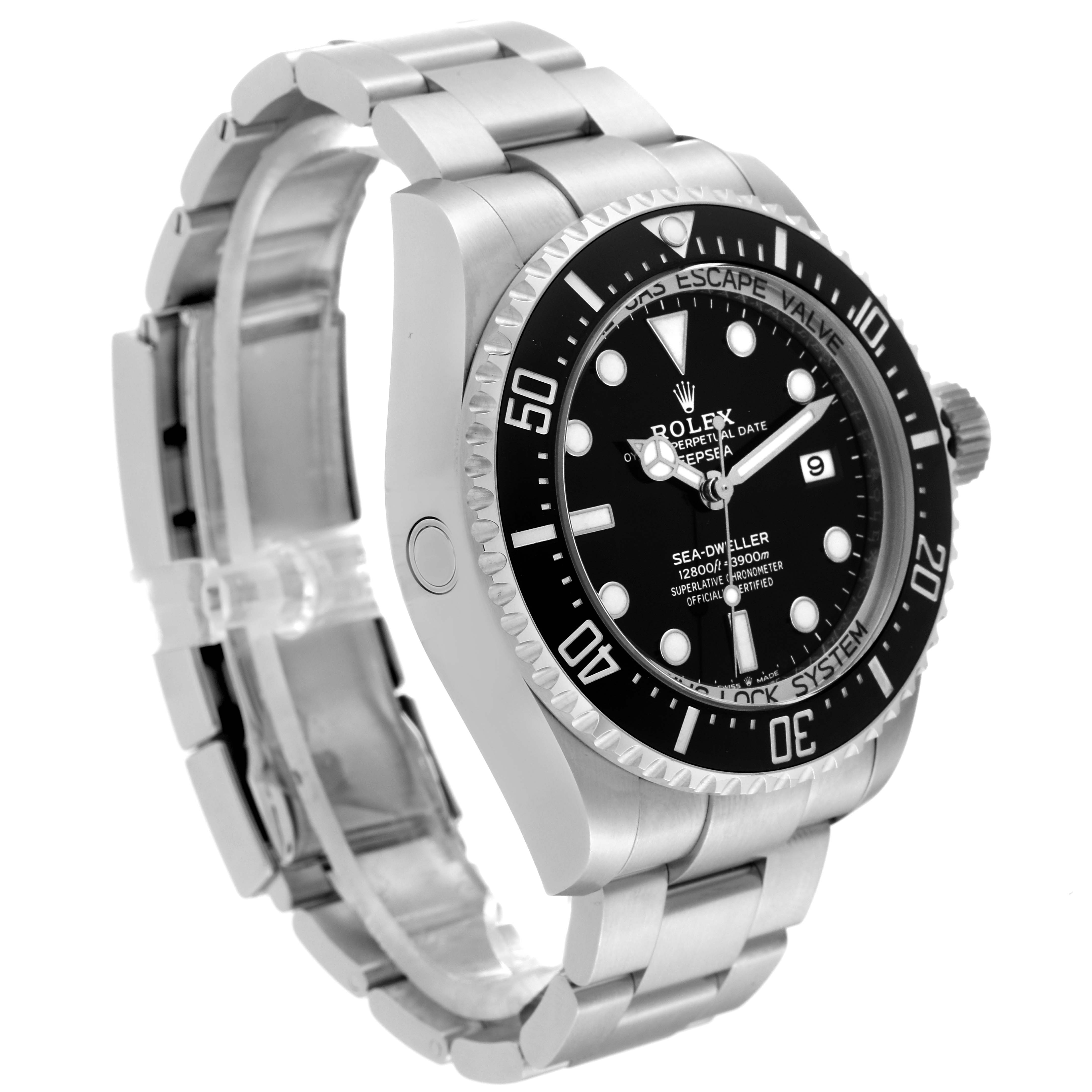 The image shows a side view of the Rolex Sea-Dweller 136660 Men
s Stainless Steel Black Dial 136660 Men
s Stainless Steel Black Dial watch highlighting the face, bezel, crown, and metal bracelet.