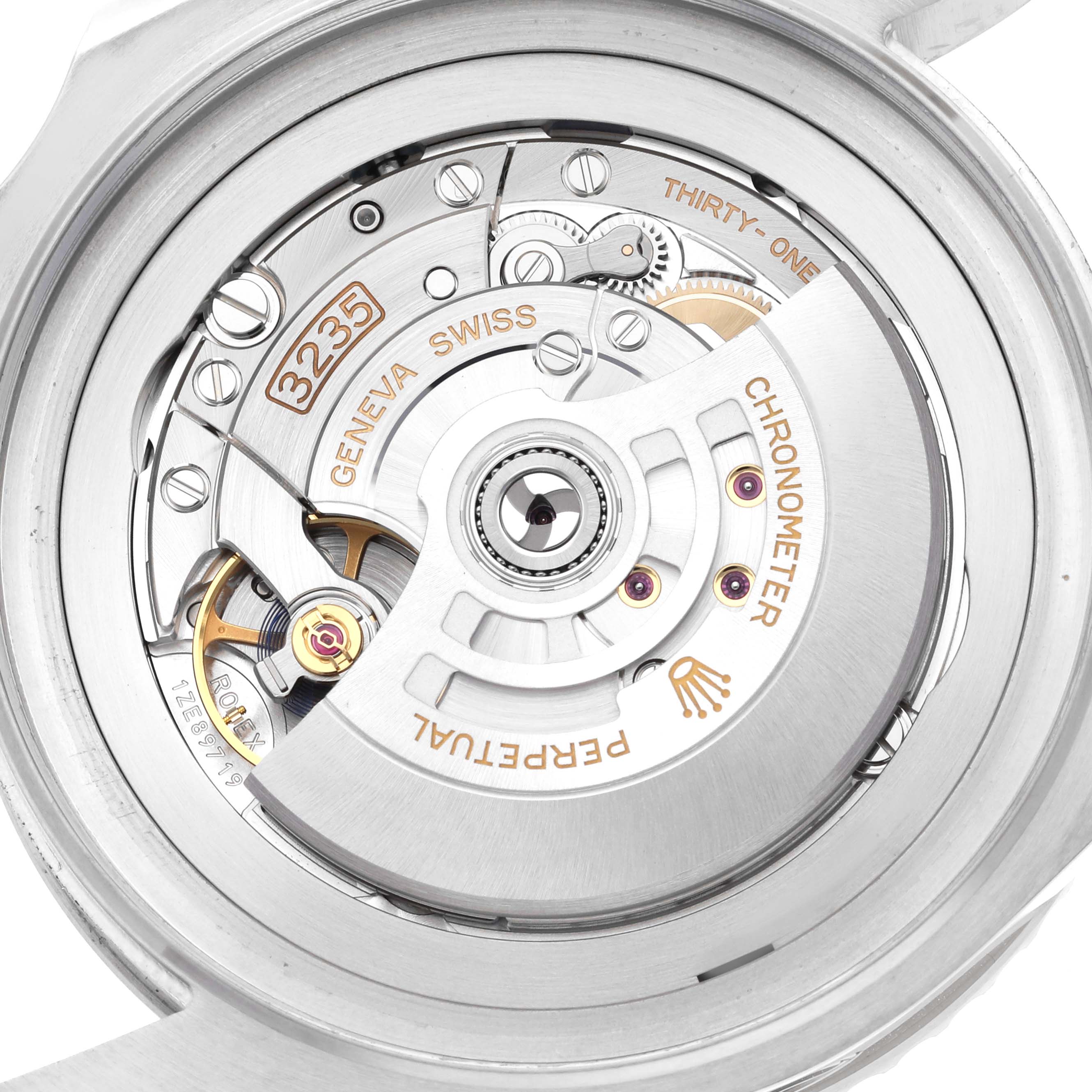 This image shows the back side of a Rolex Sea-Dweller 136660 Men
s Stainless Steel Black Dial 136660 Men
s Stainless Steel Black Dial watch, focusing on its 3235 automatic movement mechanism.