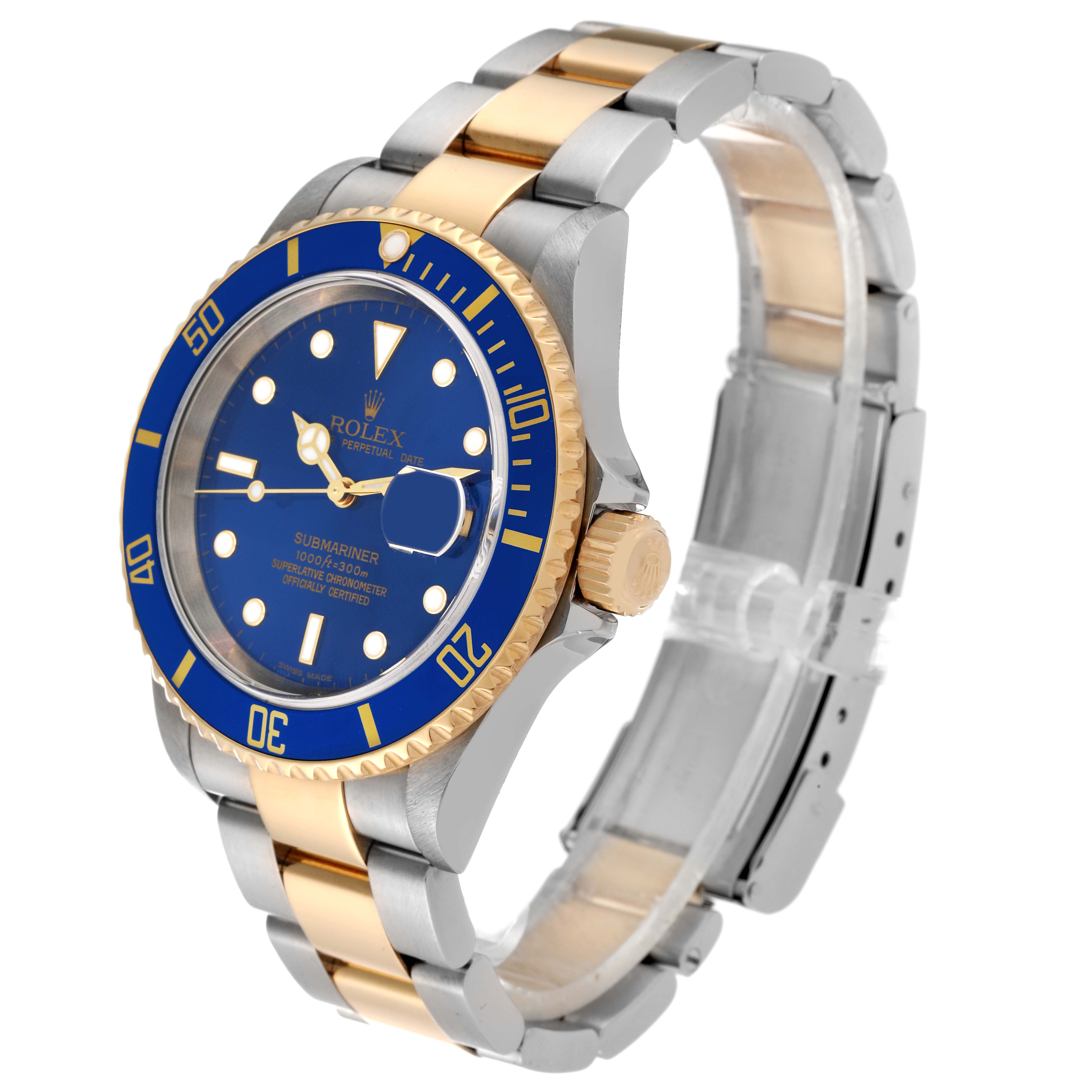 The image shows a Rolex Submariner 16613 Men's Steel and Gold (two tone) Blue Dial 16613 Men's Steel and Gold (two tone) Blue Dial watch at a three-quarter angle highlighting its blue dial, bezel, crown, and two-tone bracelet.