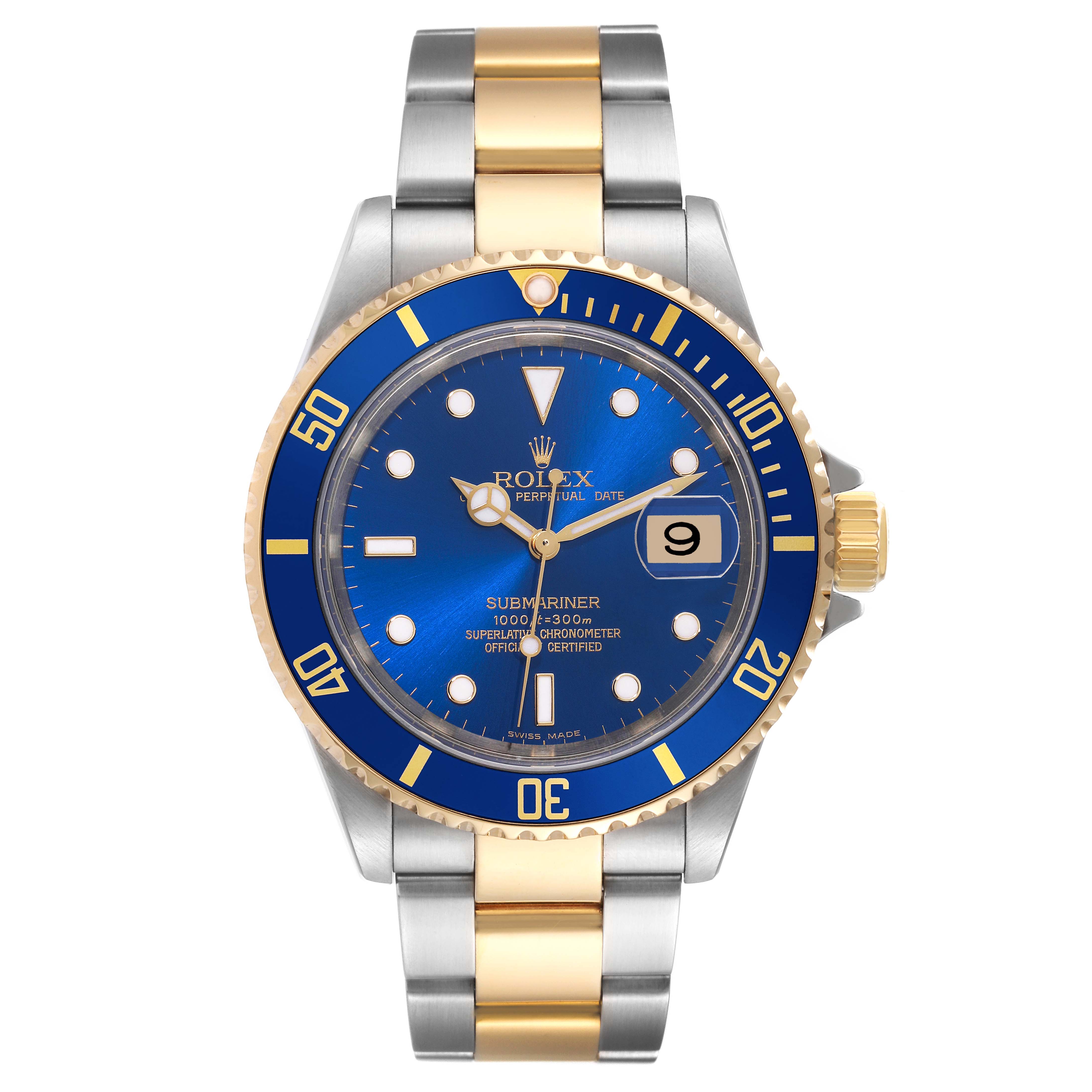 This image shows a front view of the Rolex Submariner 16613 Men's Steel and Gold (two tone) Blue Dial 16613 Men's Steel and Gold (two tone) Blue Dial watch, featuring a blue dial, date window, and a two-tone metal bracelet.