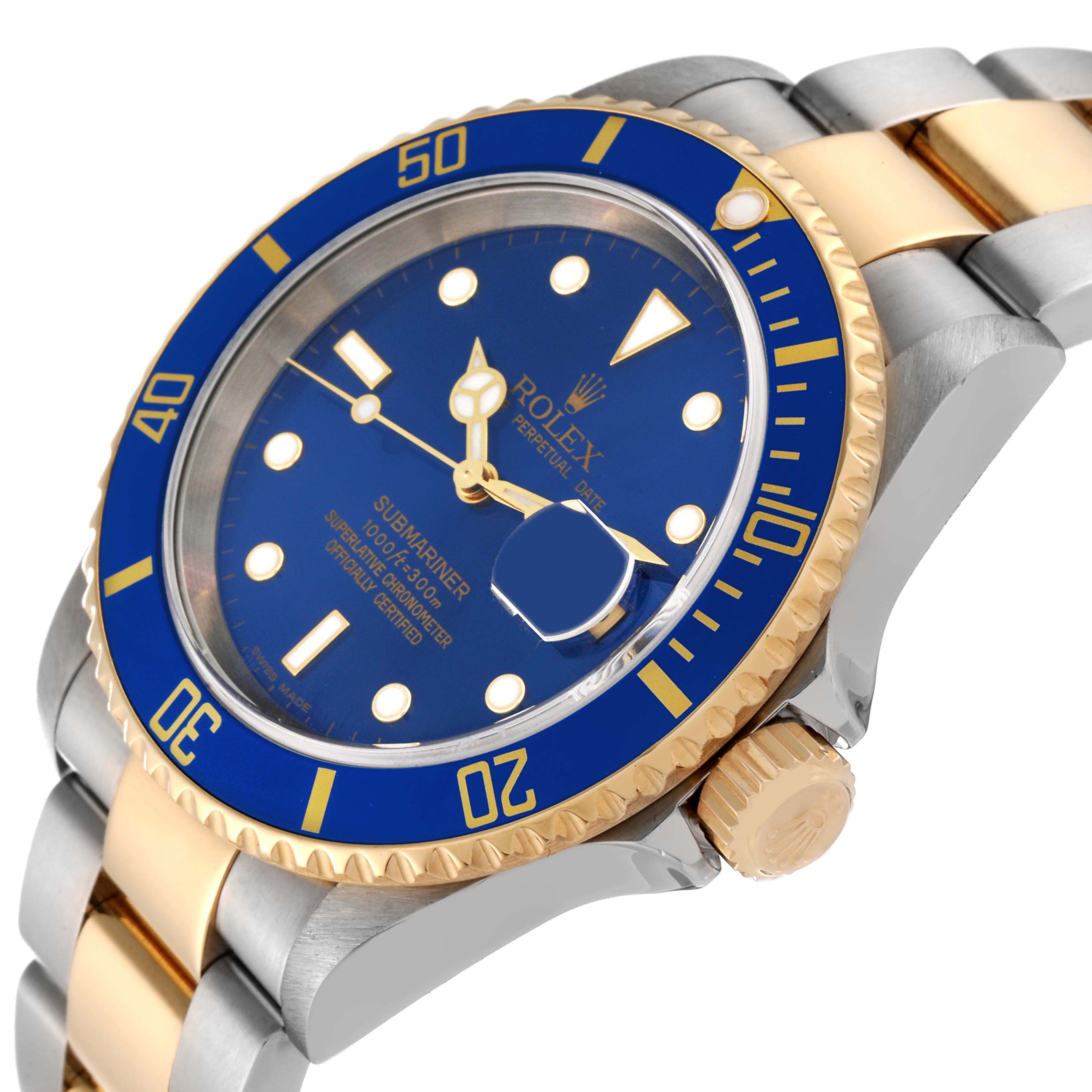 The image shows a close-up of the Rolex Submariner 16613 Men's Steel and Gold (two tone) Blue Dial 16613 Men's Steel and Gold (two tone) Blue Dial watch face, bezel, crown, and part of the bracelet.
