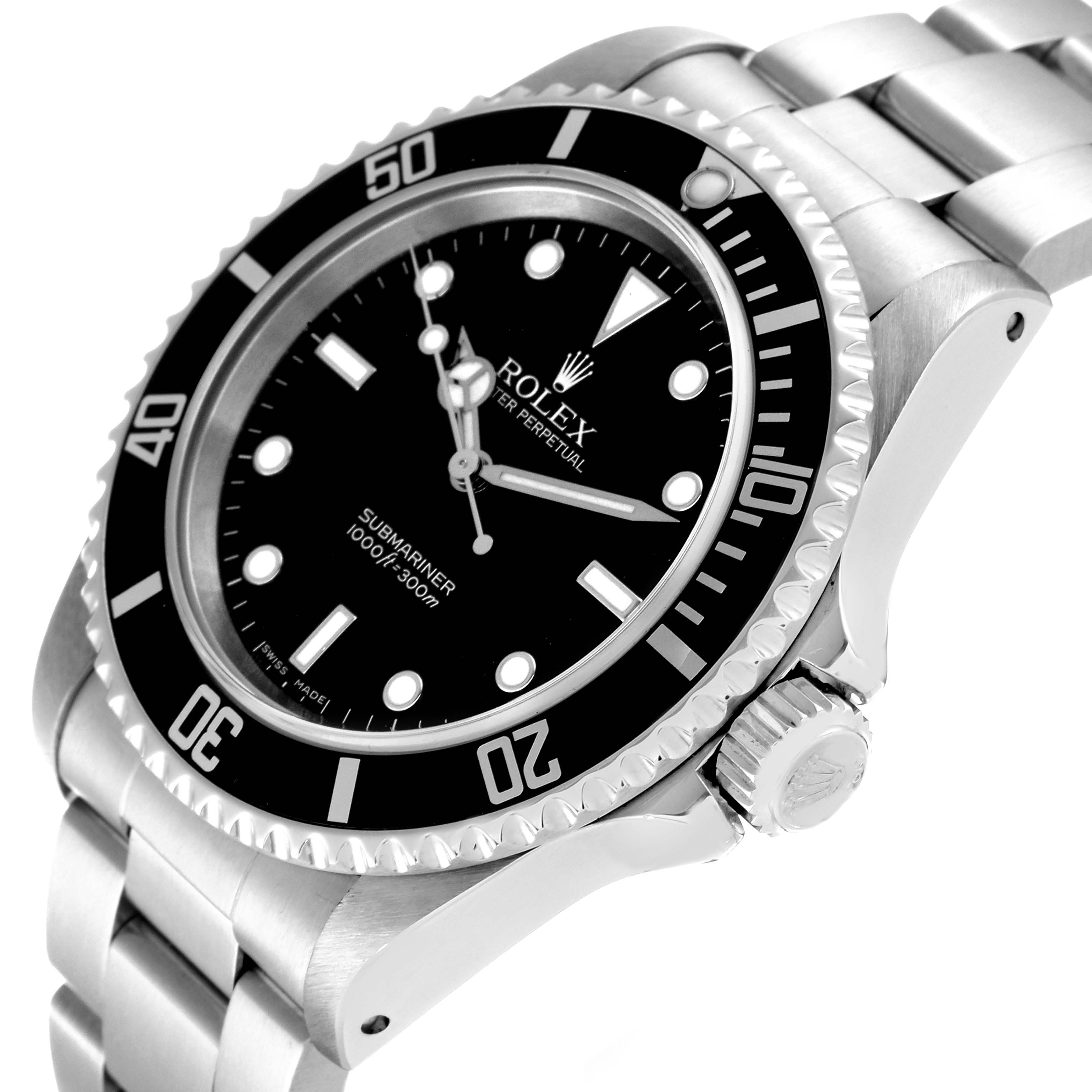 The image shows a close-up, side-angle view of the Rolex Submariner 14060M Men
s Stainless Steel Black Dial 14060M Men
s Stainless Steel Black Dial model, highlighting the bezel, dial, crown, and part of the bracelet.