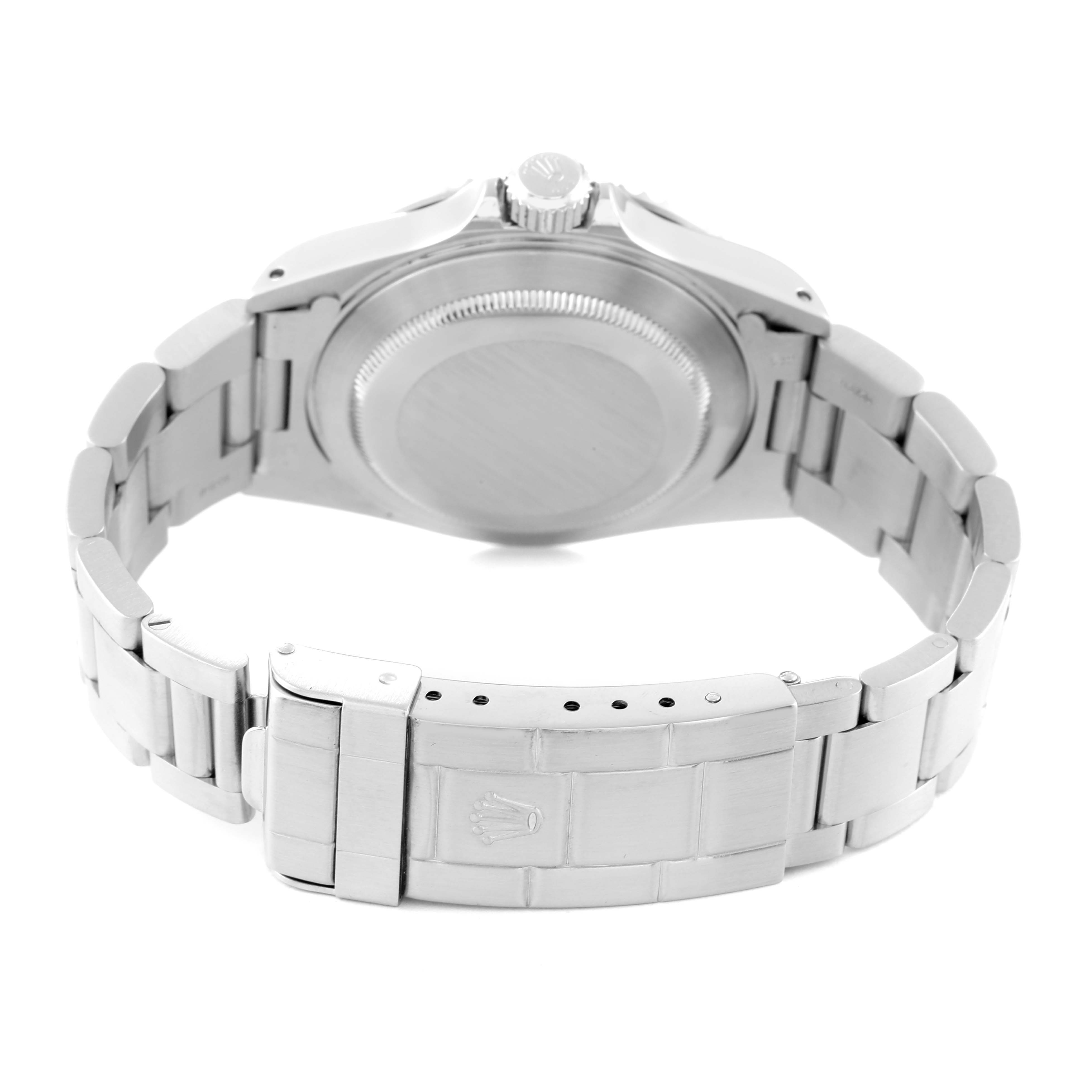 The image shows the case back and bracelet clasp of a Rolex Submariner 14060M Men
s Stainless Steel Black Dial 14060M Men
s Stainless Steel Black Dial watch from a rear angle.