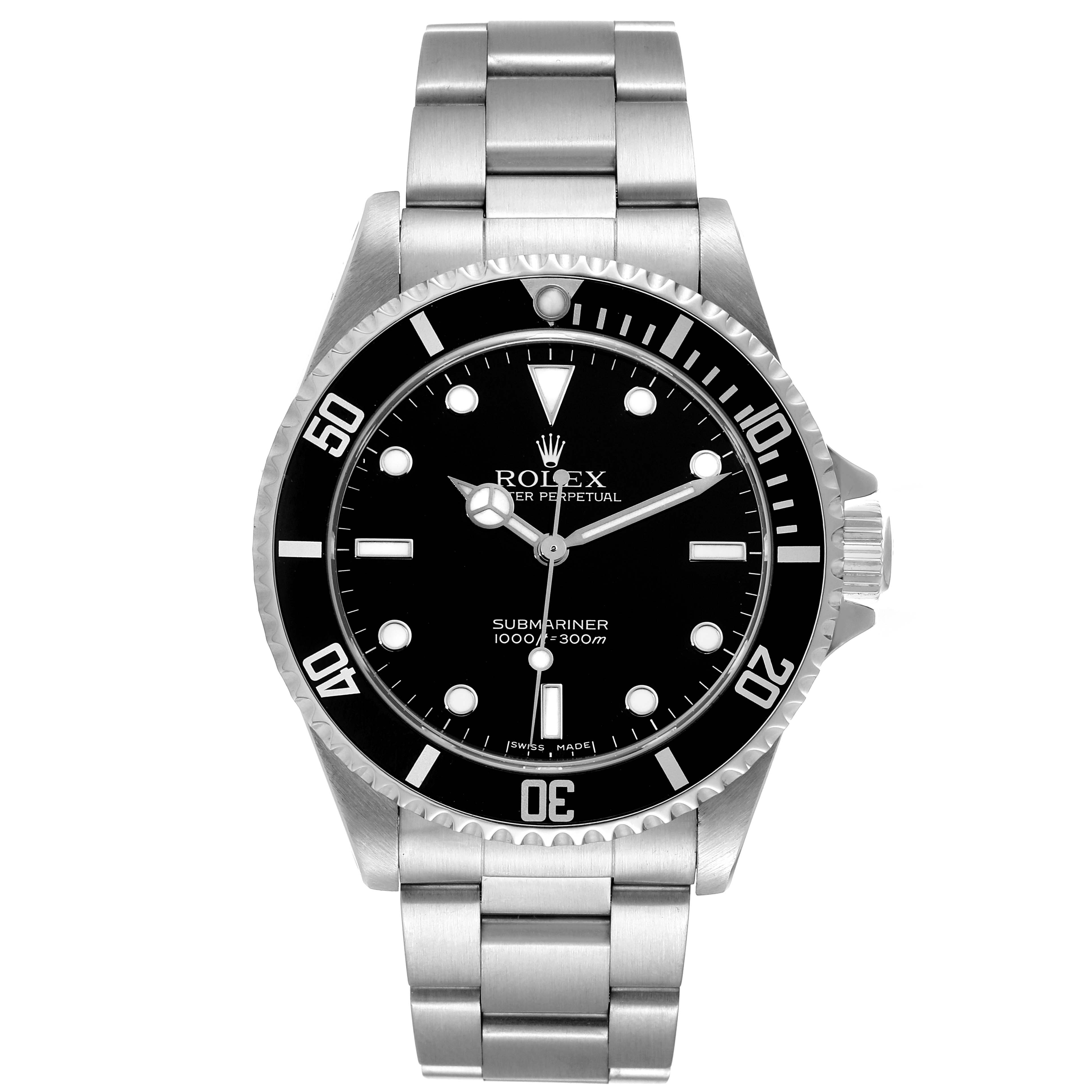 The image shows a front view of the Rolex Submariner 14060M Men
s Stainless Steel Black Dial 14060M Men
s Stainless Steel Black Dial watch, displaying the face, bezel, crown, and bracelet.