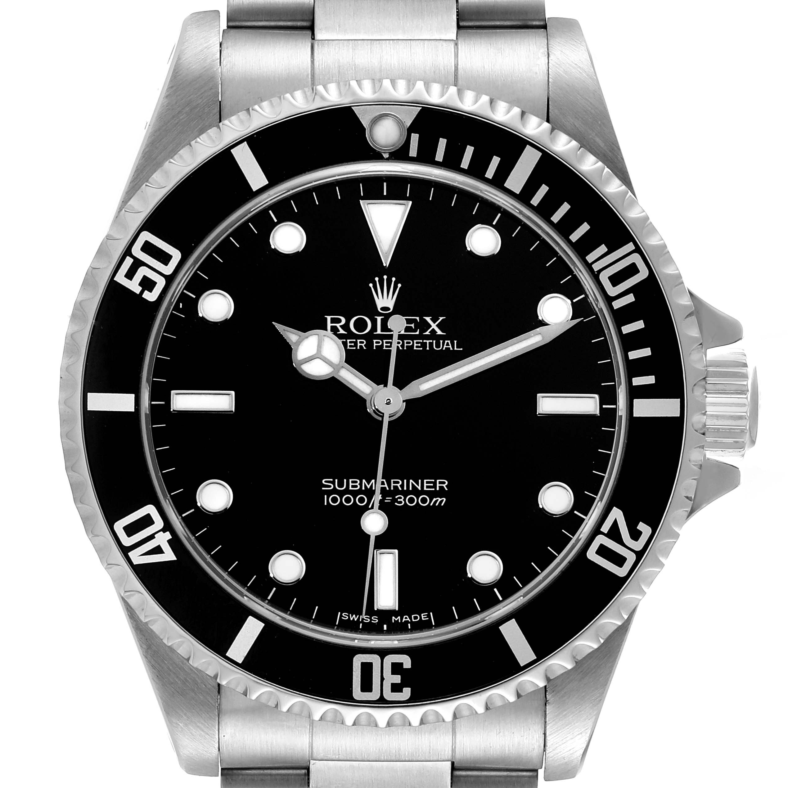 This image shows a front view of a Rolex Submariner 14060M Men
s Stainless Steel Black Dial 14060M Men
s Stainless Steel Black Dial watch, highlighting the dial, bezel, and part of the bracelet.