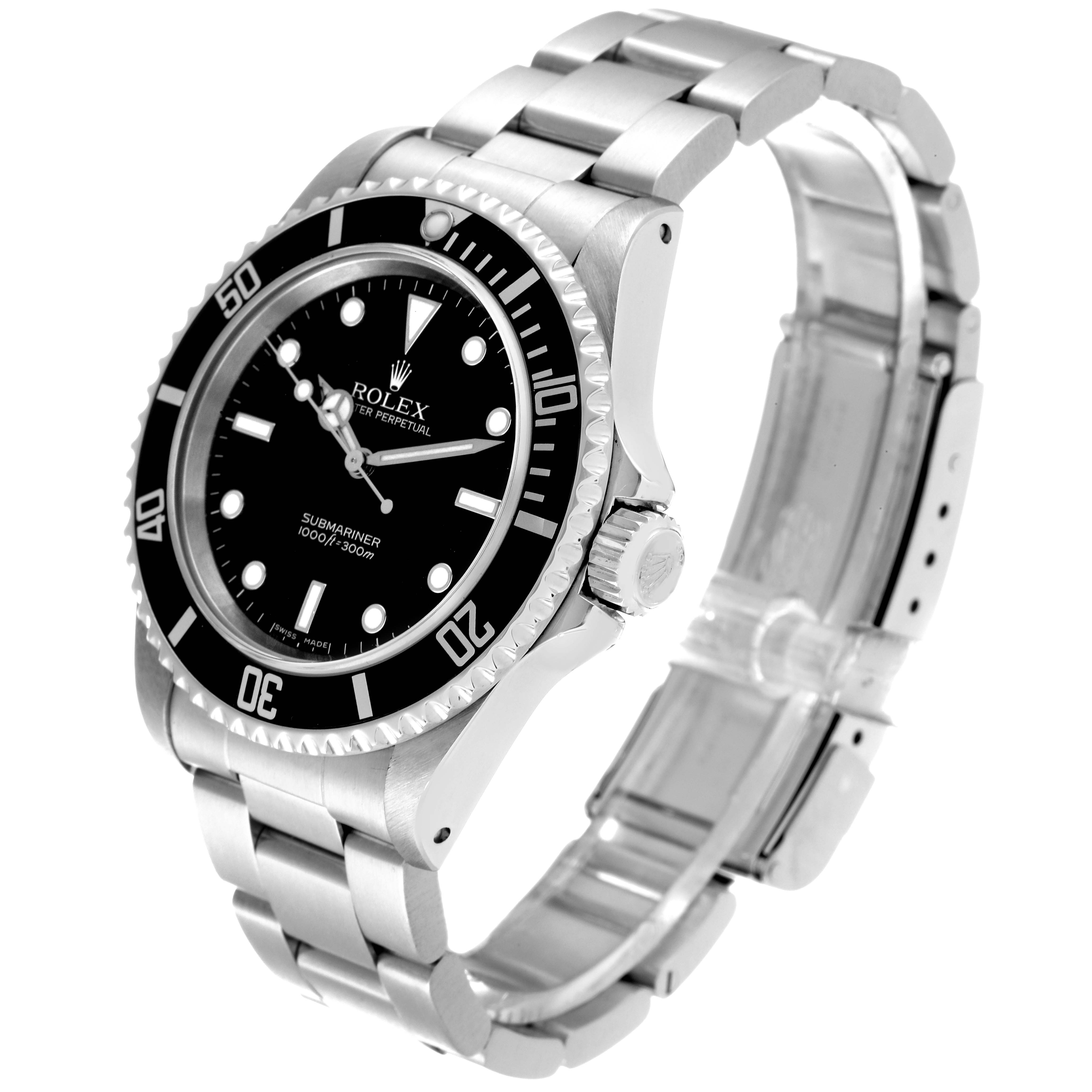 The image shows a Rolex Submariner 14060M Men
s Stainless Steel Black Dial 14060M Men
s Stainless Steel Black Dial watch angled to display its face, bezel, crown, and stainless steel bracelet.
