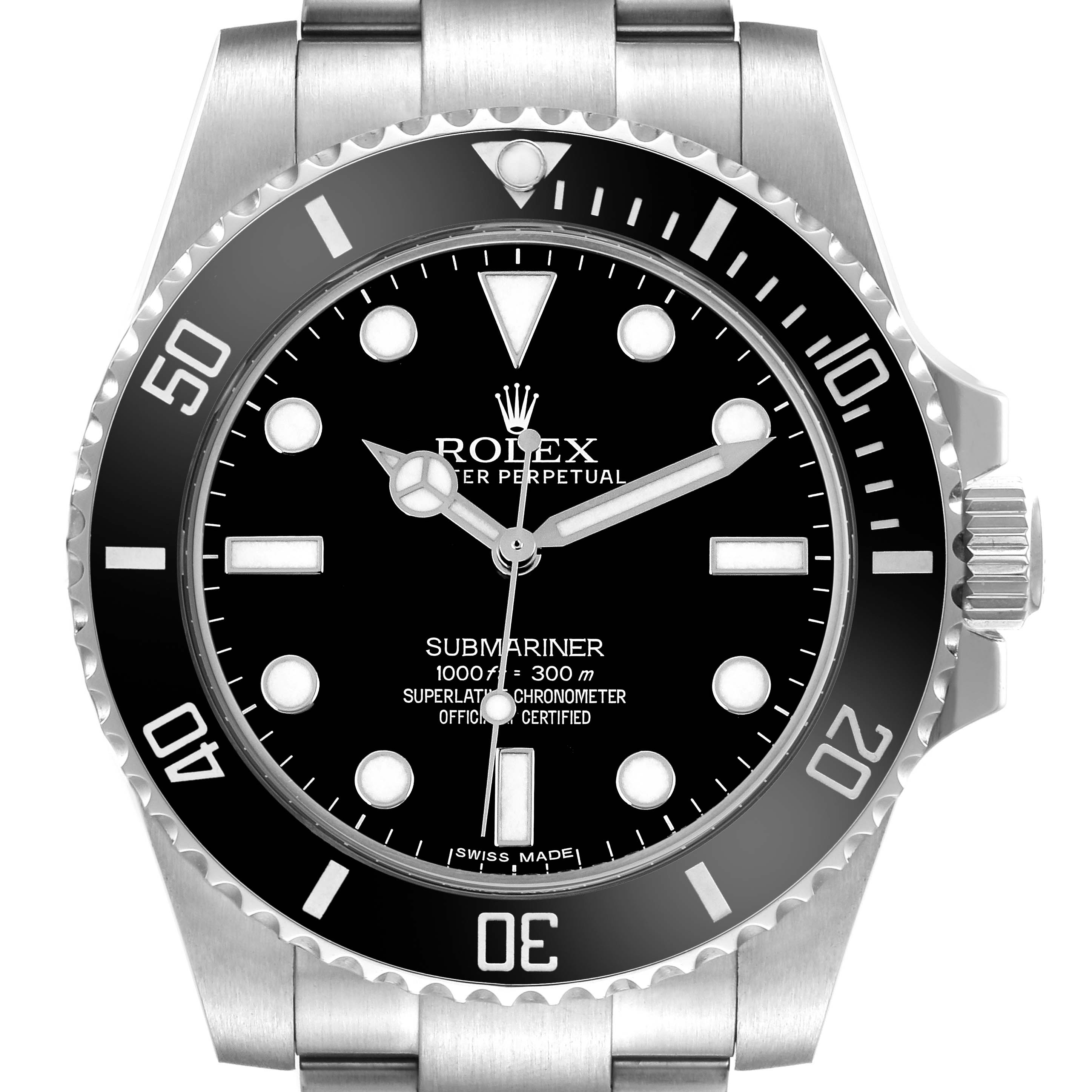 The Rolex Submariner 114060 Men's Stainless Steel Black Dial watch is shown from a front angle, highlighting its bezel, dial, and bracelet.
