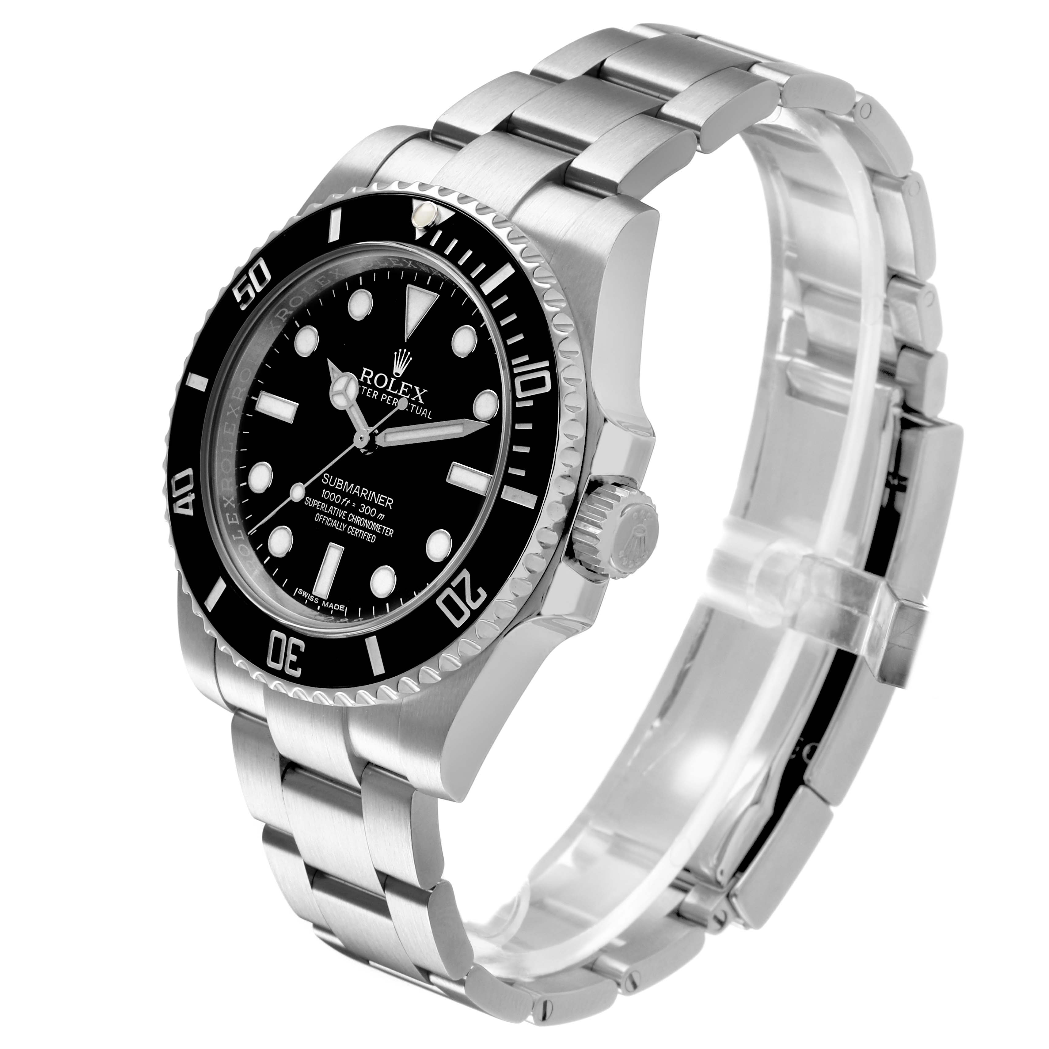 The Rolex Submariner 114060 Men's Stainless Steel Black Dial watch is shown at a three-quarter angle, displaying its face, bezel, crown, and bracelet.