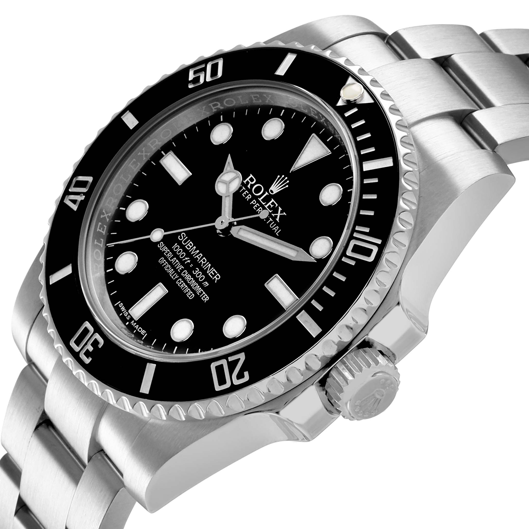 The Rolex Submariner 114060 Men's Stainless Steel Black Dial watch is shown at a side angle highlighting the bezel, dial, crown, and bracelet details.