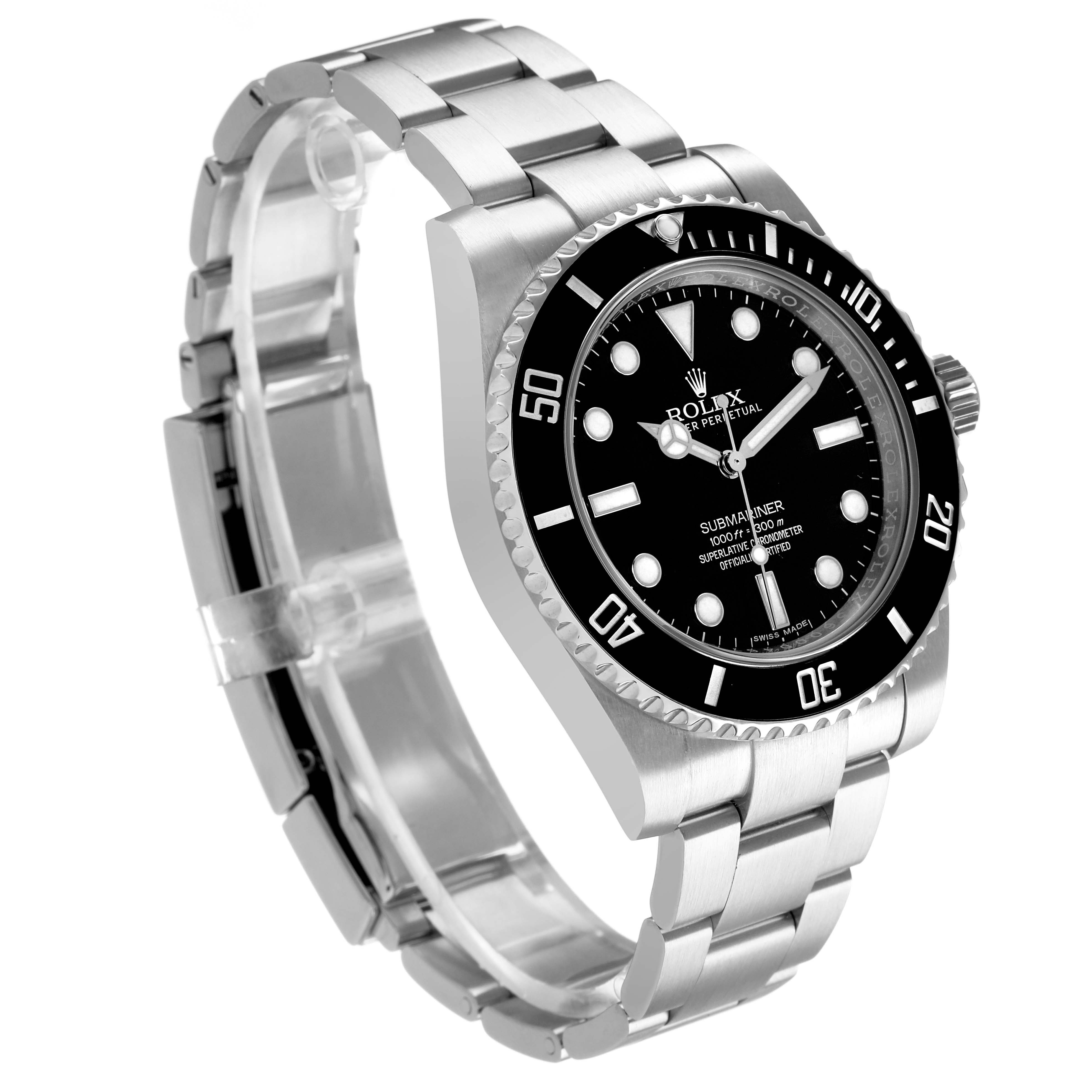 The Rolex Submariner 114060 Men's Stainless Steel Black Dial watch is shown at a three-quarter angle, displaying its bracelet, bezel, and dial clearly.