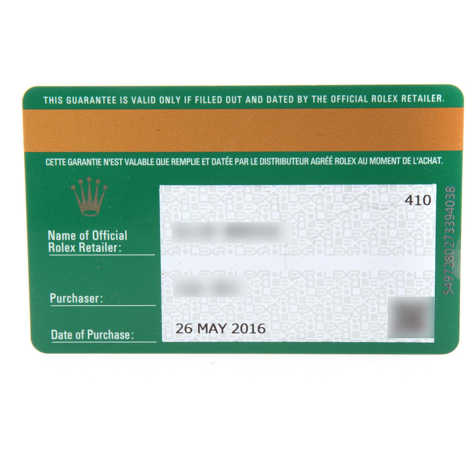 This image shows a warranty card for a Rolex Submariner 114060 Men's Stainless Steel Black Dial, displaying purchase details and the Rolex logo.