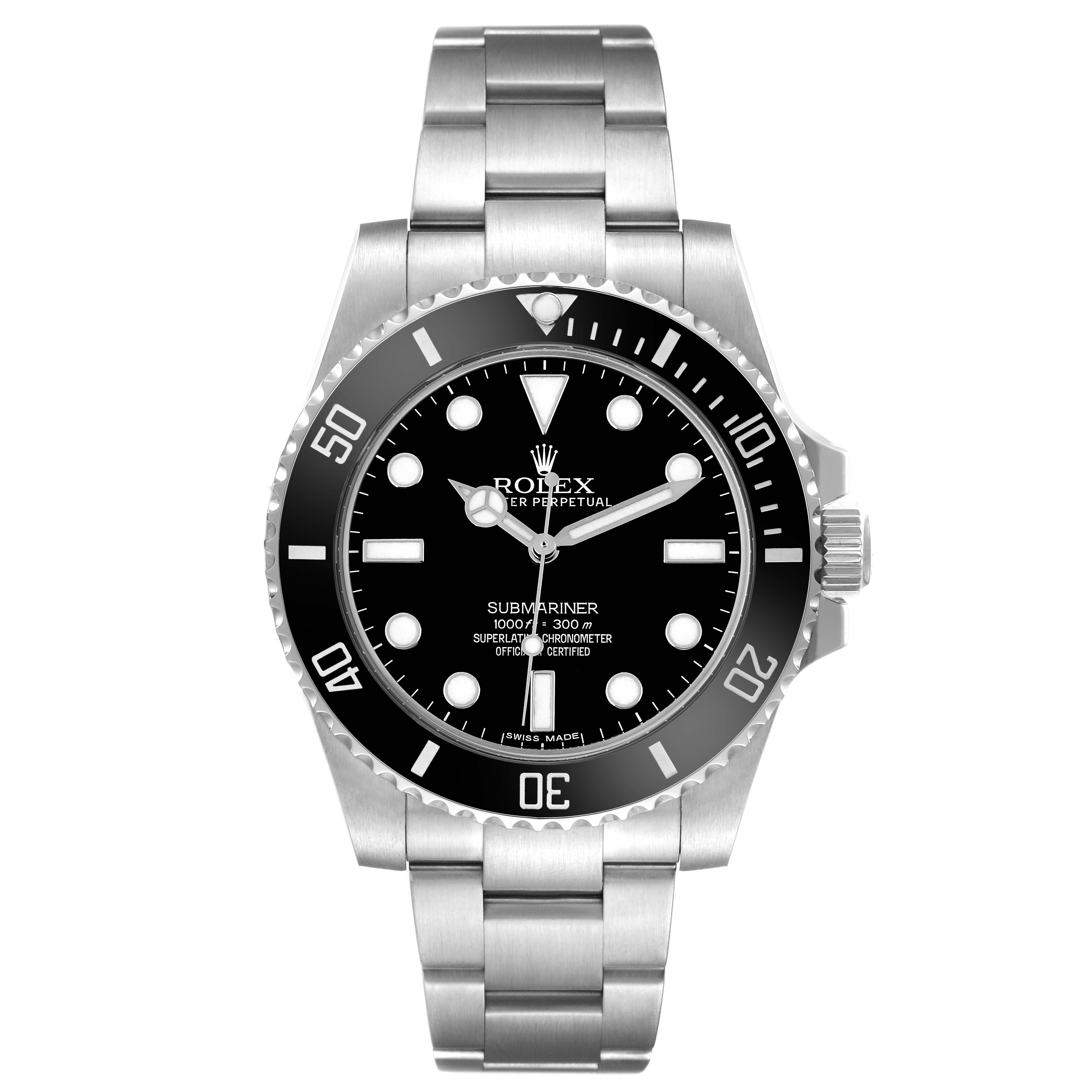 The Rolex Submariner 114060 Men's Stainless Steel Black Dial watch is shown from a front view, displaying the dial, bezel, and metal bracelet.