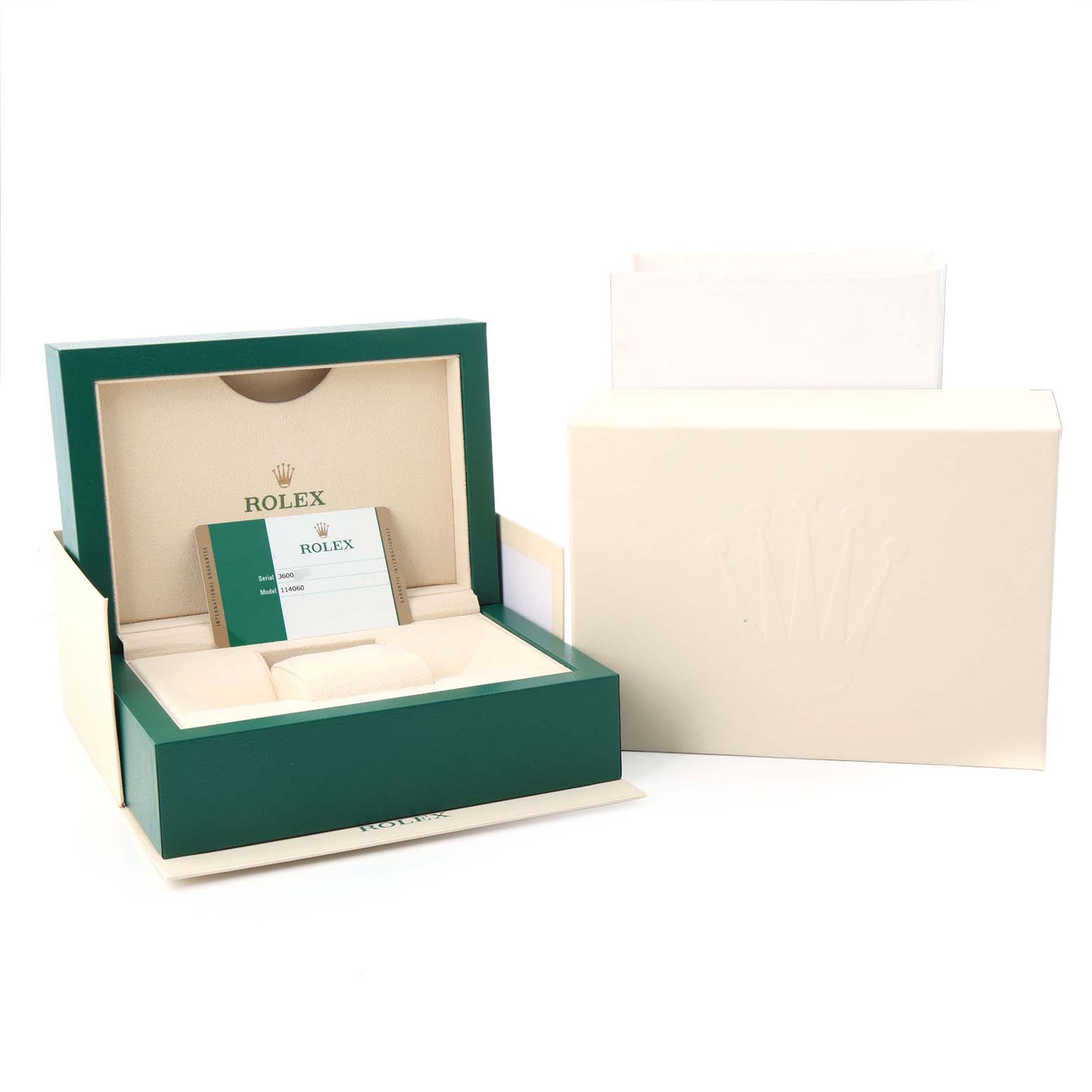 The image shows an open Rolex Submariner 114060 Men's Stainless Steel Black Dial watch box, certificate, and outer packaging, viewed from above.