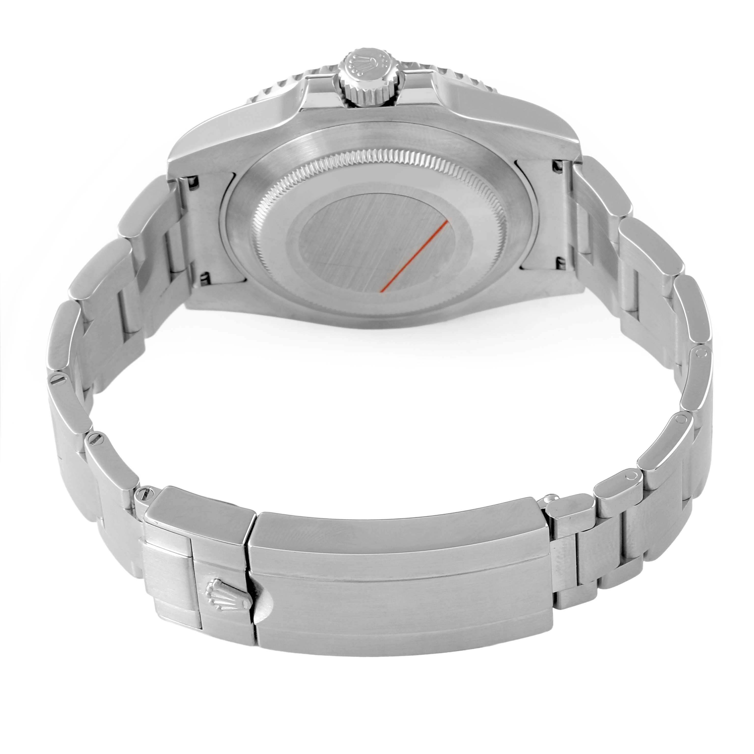 The image shows the back of the Rolex Submariner 114060 Men's Stainless Steel Black Dial watch, focusing on the case back, bracelet, and clasp.