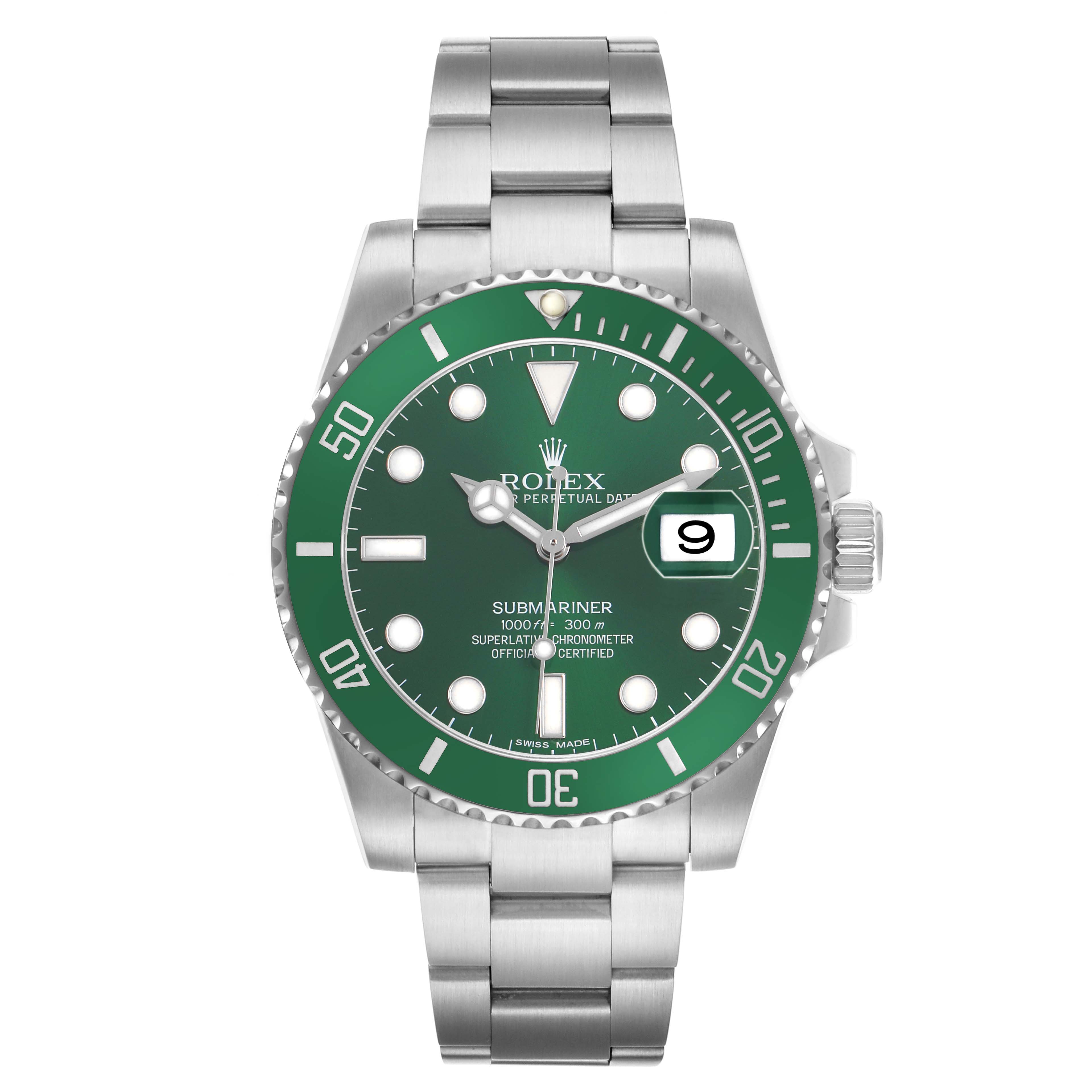 The Rolex Submariner 116610LV Men's Stainless Steel Green Dial watch is shown from a front angle, displaying the dial, bezel, and full bracelet.