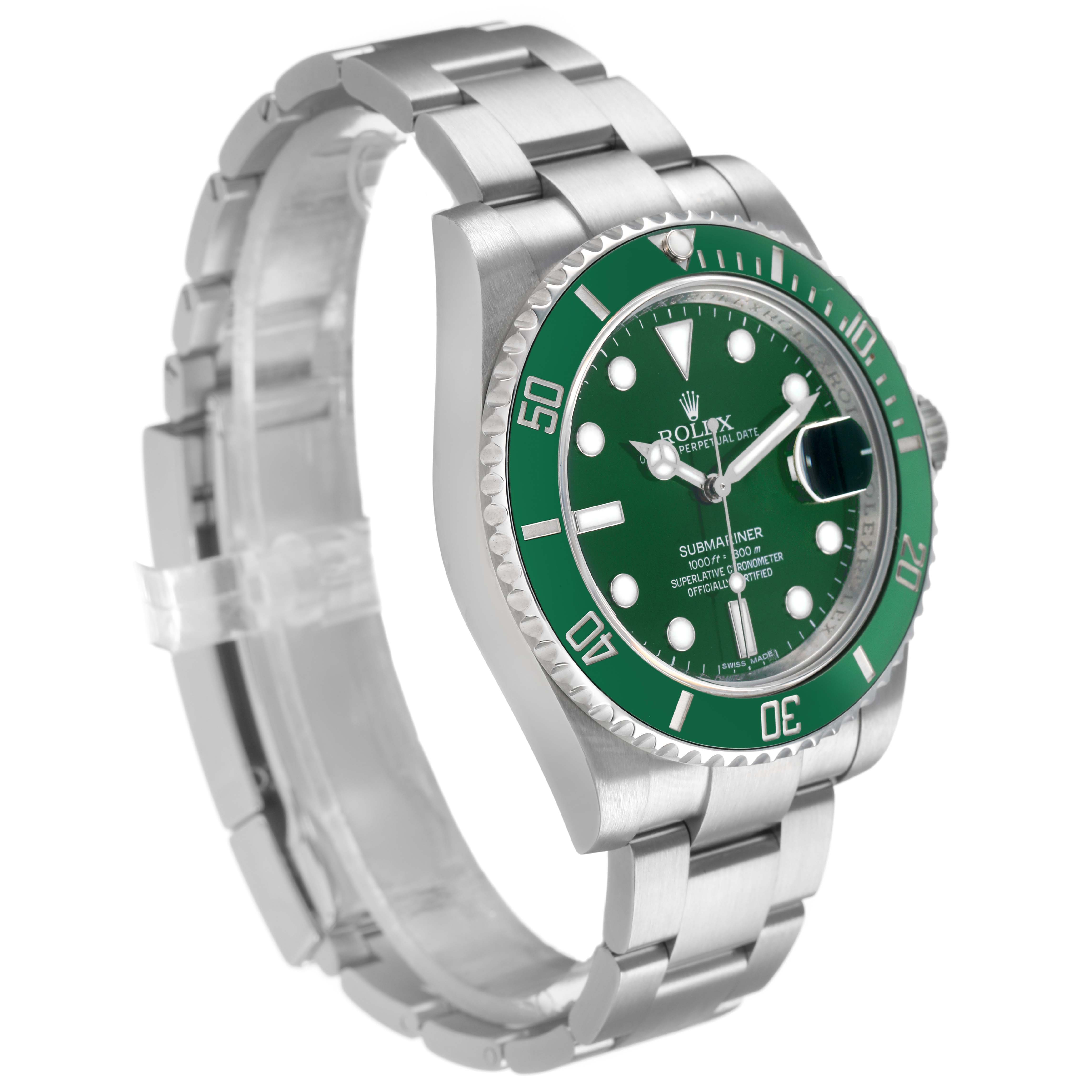 The Rolex Submariner 116610LV Men's Stainless Steel Green Dial watch is shown at a side angle displaying the green bezel, dial, and stainless steel bracelet.