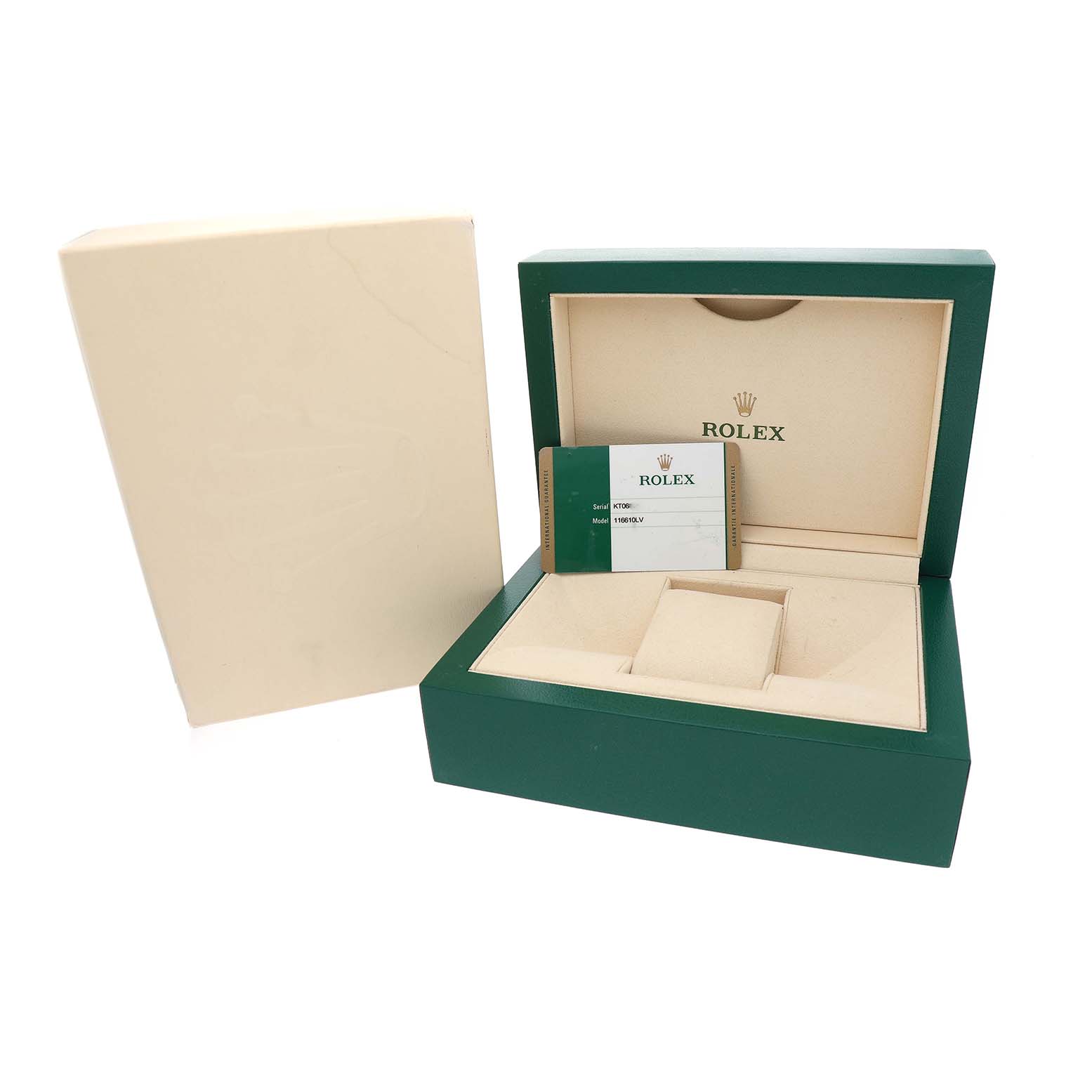 The image shows an open green Rolex watch box with a warranty card inside, angled from the front.
