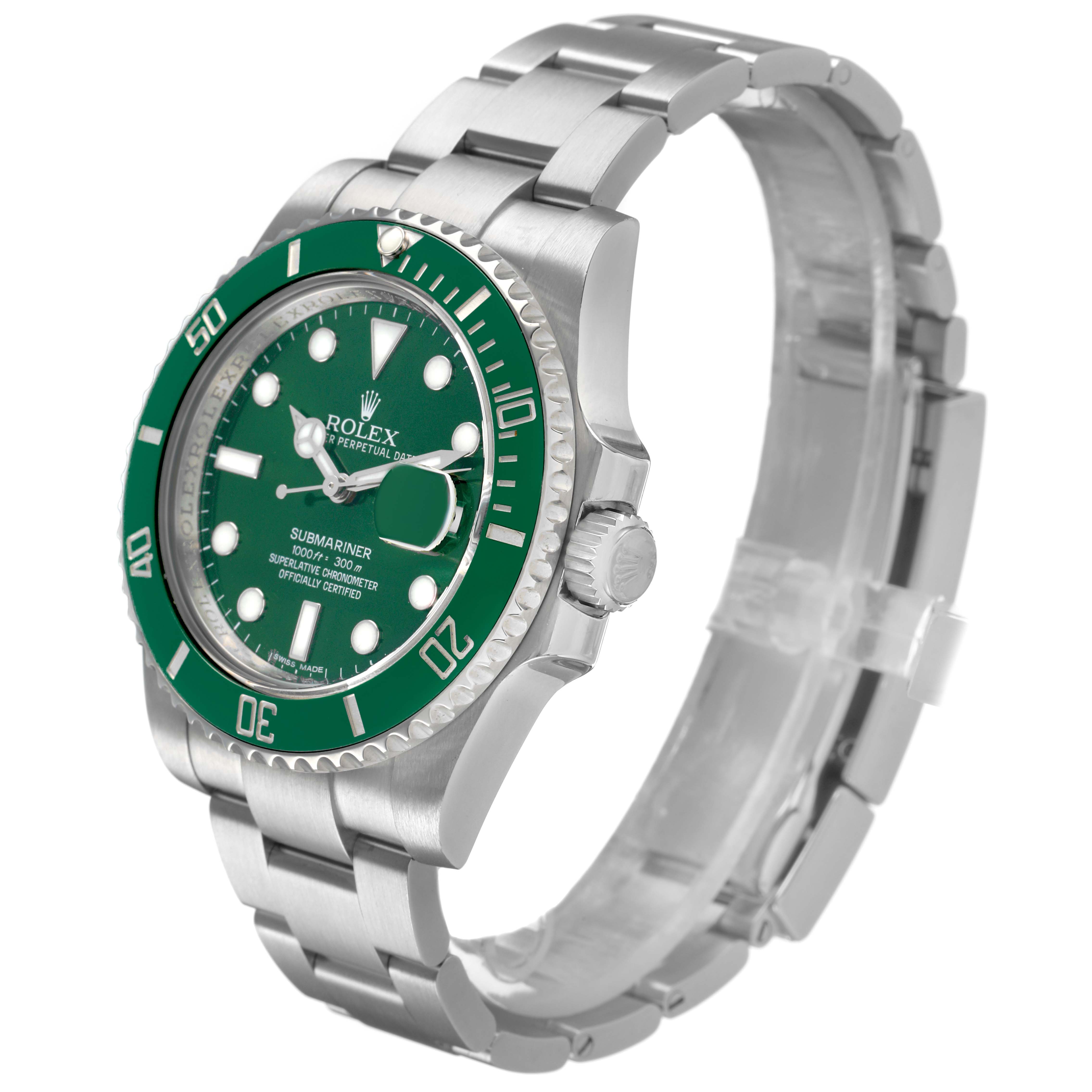 The Rolex Submariner 116610LV Men's Stainless Steel Green Dial watch is shown at a three-quarter angle, displaying the green dial, bezel, crown, and bracelet.