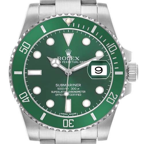 The Rolex Submariner 116610LV Men's Stainless Steel Green Dial watch is shown from the front, featuring the green dial, bezel, hands, markers, and date window.