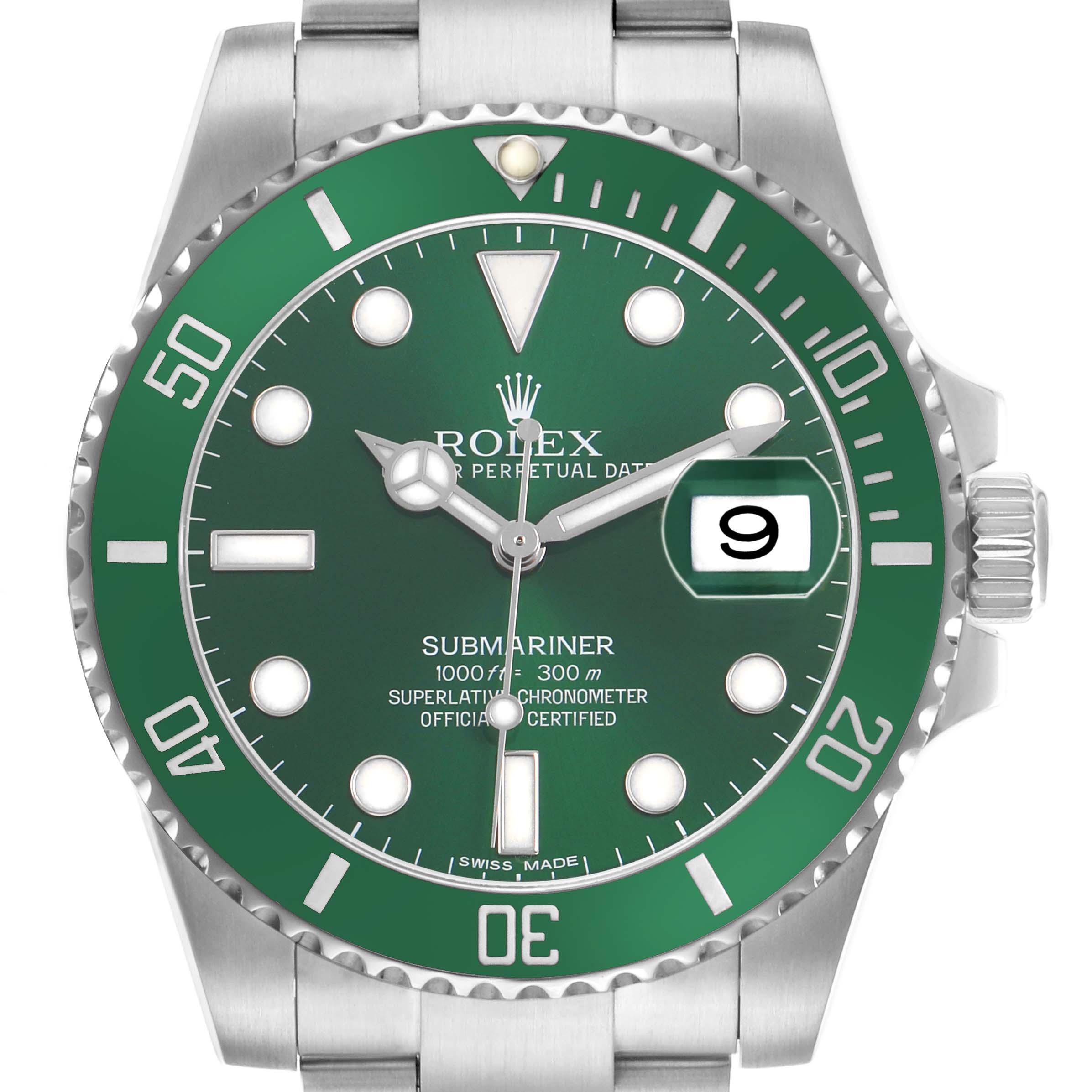 The image shows a front view of the Rolex Submariner 116610LV Men's Stainless Steel Green Dial, highlighting the green dial, bezel, and bracelet.