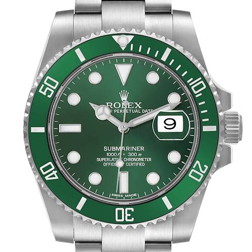 The Rolex Submariner 116610LV Men's Stainless Steel Green Dial watch is shown from the front, highlighting the green bezel, dial, hands, indices, and date window.