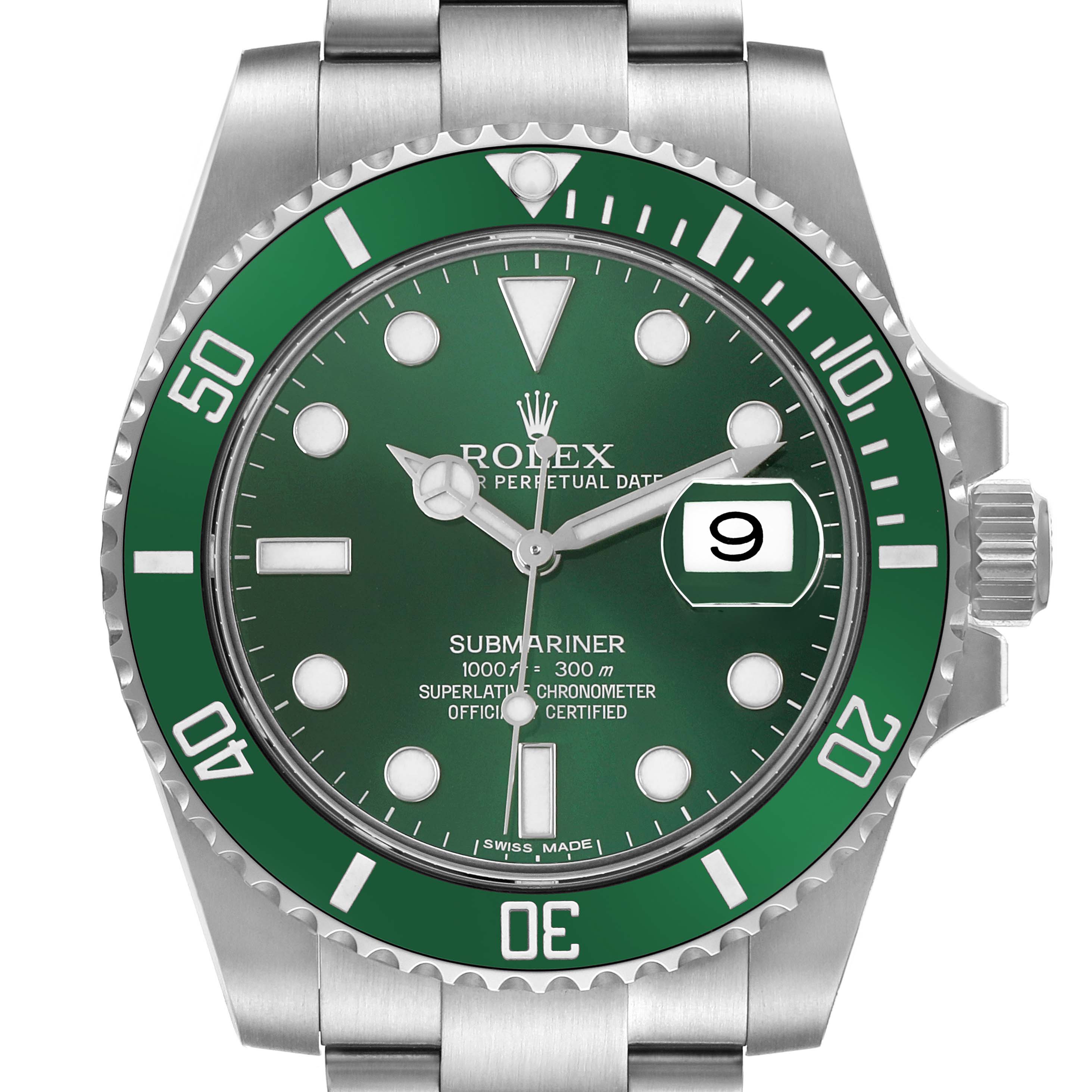 The Rolex Submariner 116610LV Men's Stainless Steel Green Dial watch is shown from a front view, highlighting its green bezel and dial, hour markers, and date window.