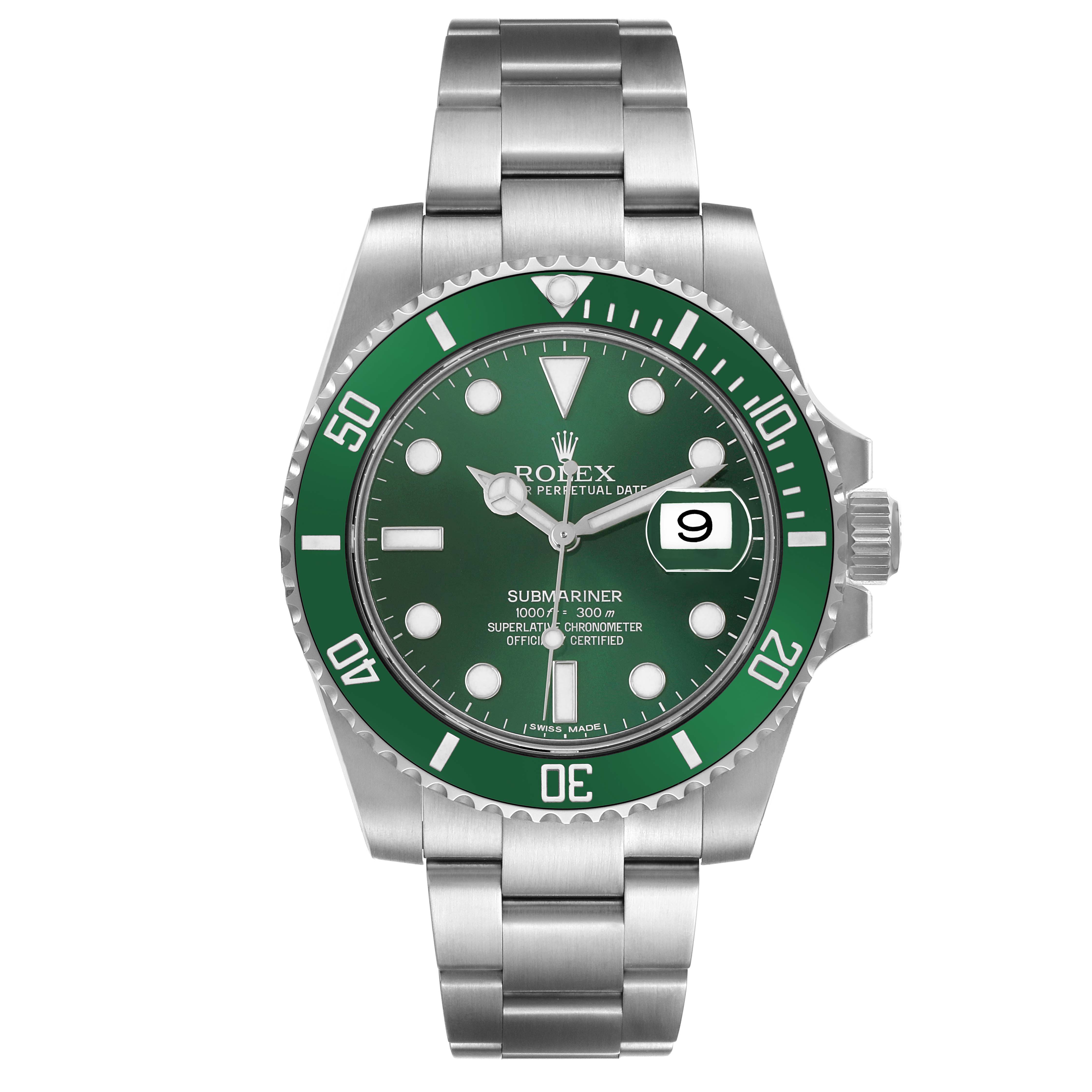 The image shows a frontal view of the Rolex Submariner 116610LV Men's Stainless Steel Green Dial watch, highlighting the green bezel, dial, and stainless steel bracelet.