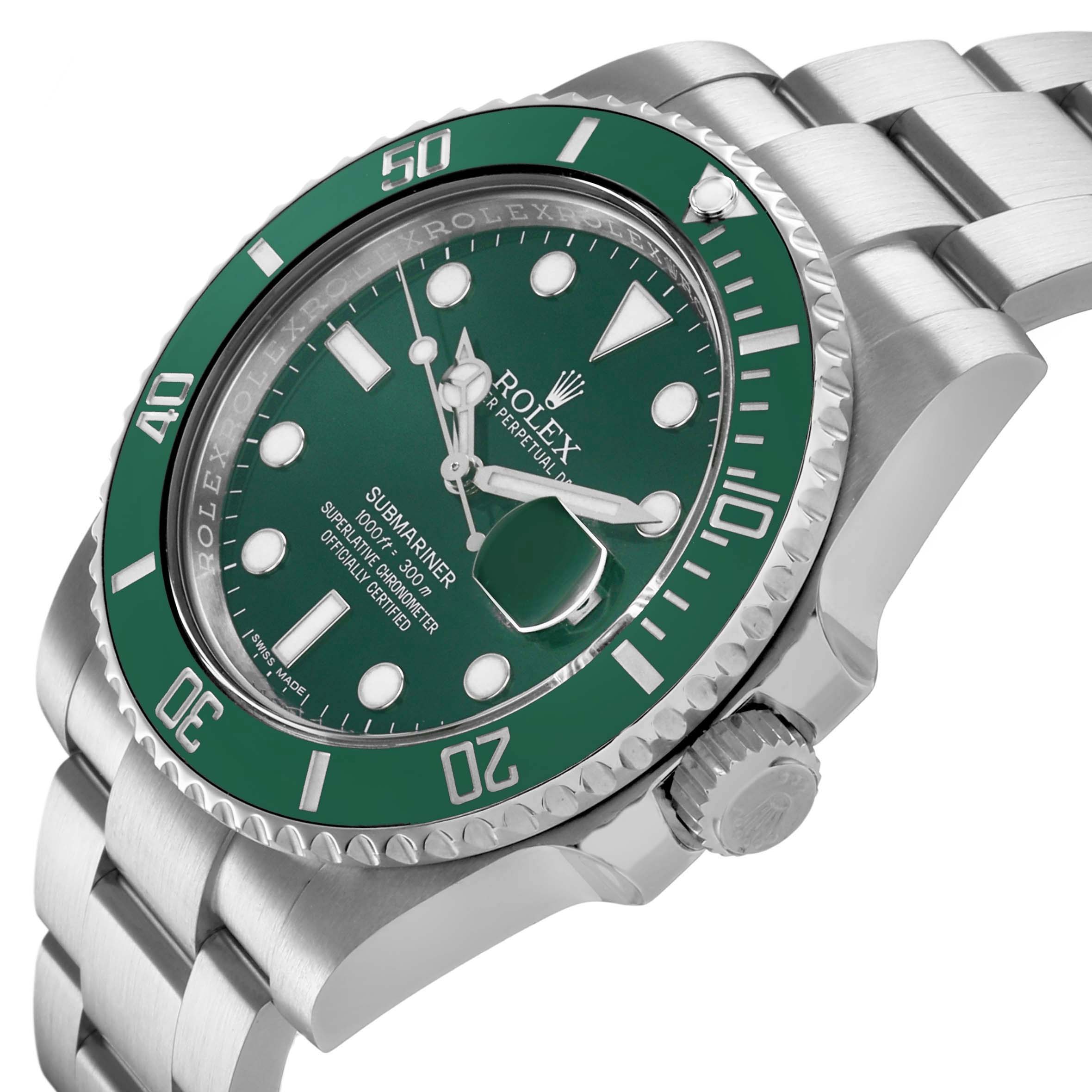 The Rolex Submariner 116610LV Men's Stainless Steel Green Dial is shown at a three-quarter angle displaying the dial, bezel, crown, and part of the bracelet.
