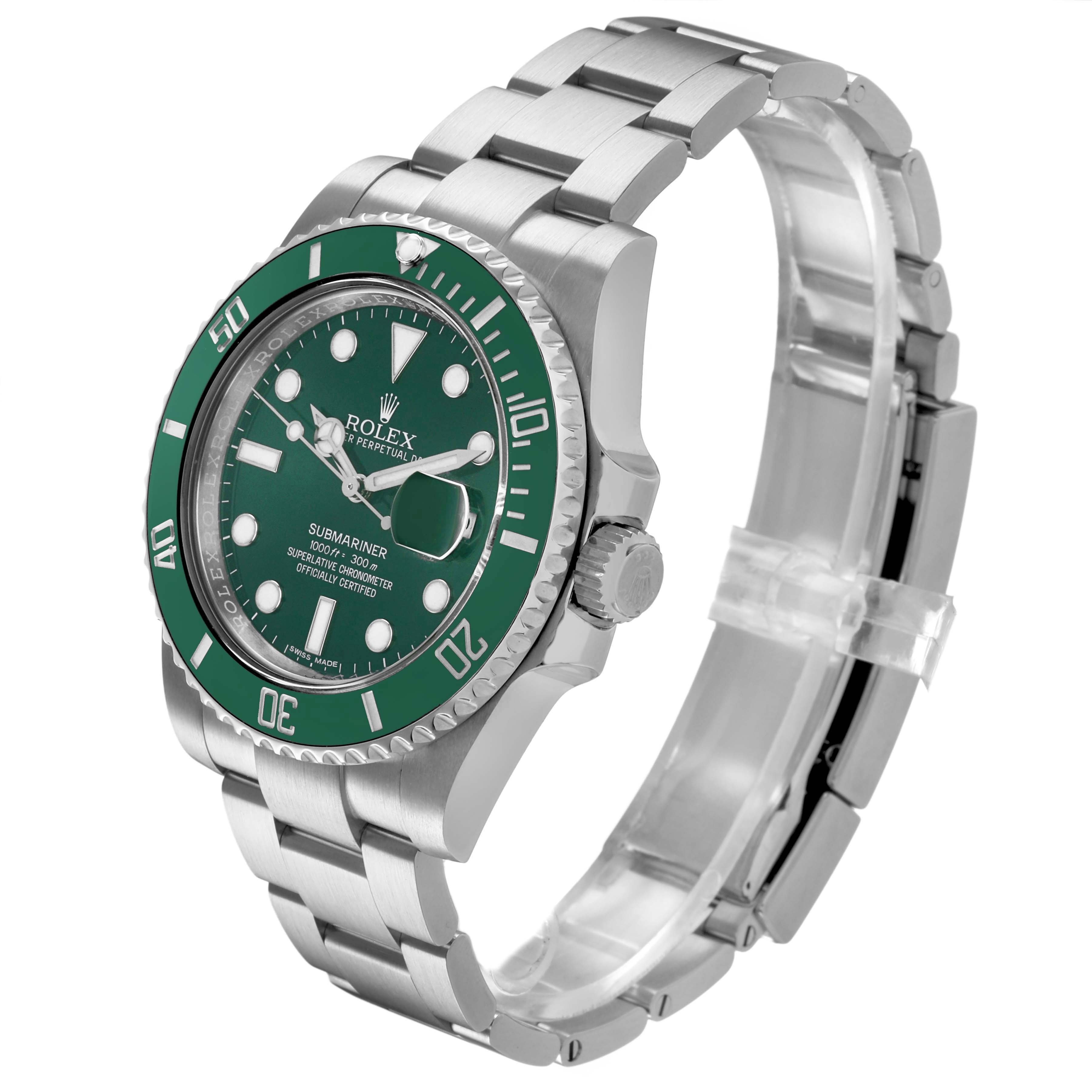 The Rolex Submariner 116610LV Men's Stainless Steel Green Dial watch is shown at a slight angle from the front, displaying the dial, bezel, case, crown, and bracelet.