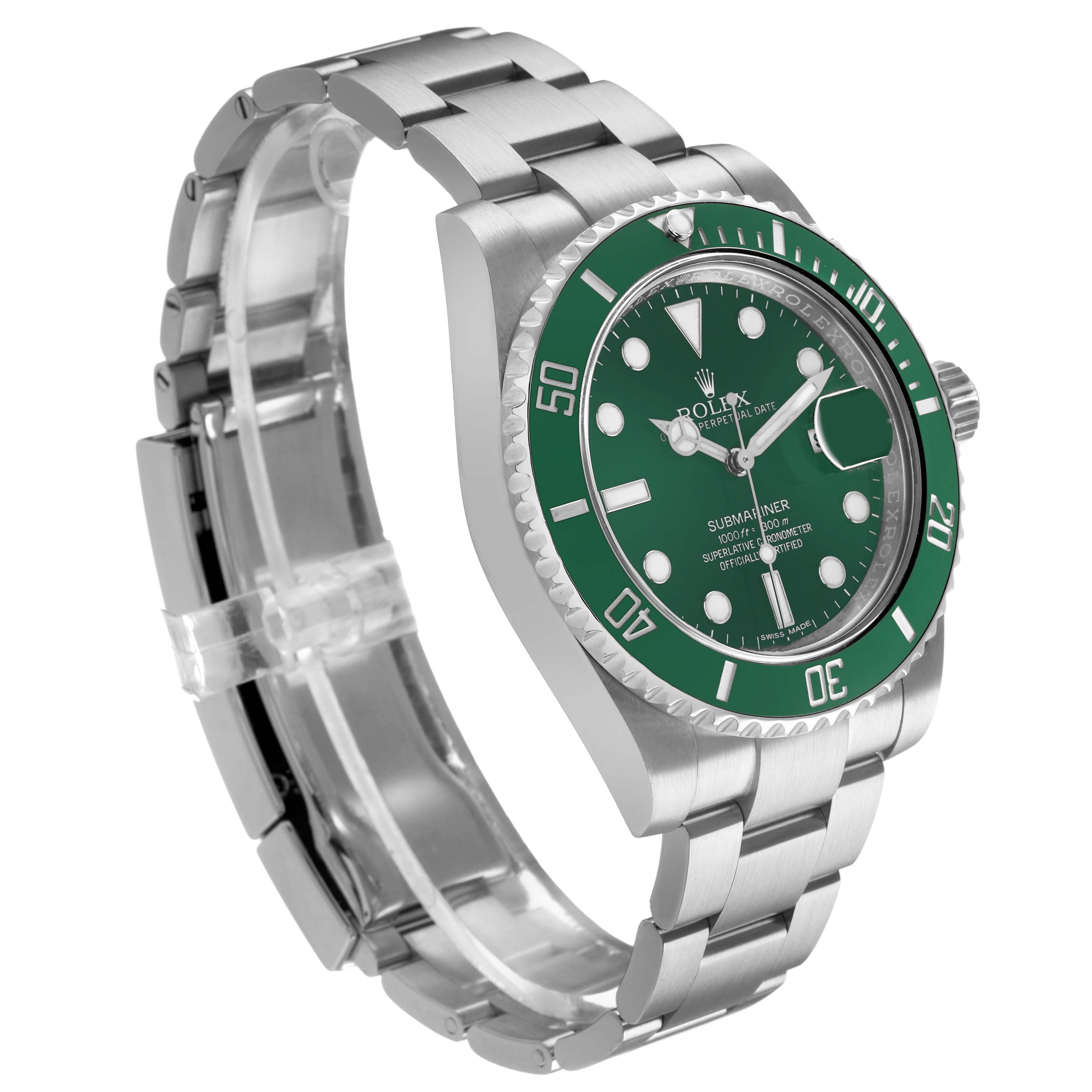 The Rolex Submariner 116610LV Men's Stainless Steel Green Dial is shown in a three-quarter angle, highlighting its green bezel, dial, case, and metal bracelet.
