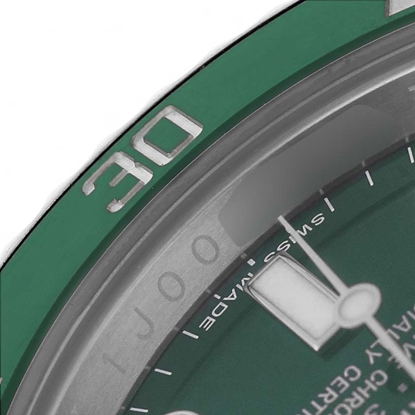 The image shows a close-up of the bezel and part of the dial of a Rolex Submariner 116610LV Men's Stainless Steel Green Dial, highlighting the "30" marking.