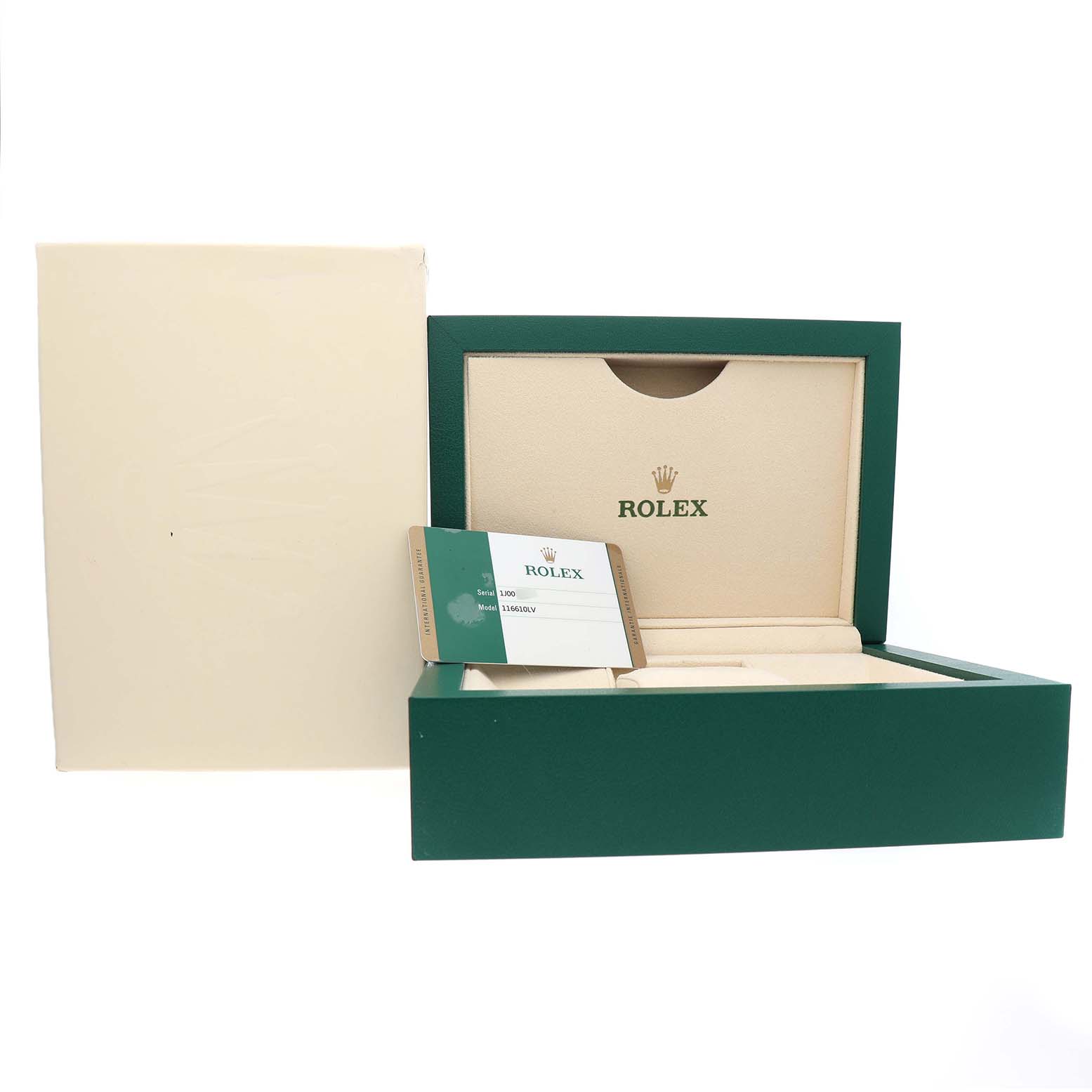 The image shows a Rolex Submariner 116610LV Men's Stainless Steel Green Dial watch box set, with a green outer box, an open inner box, and a warranty card in front.