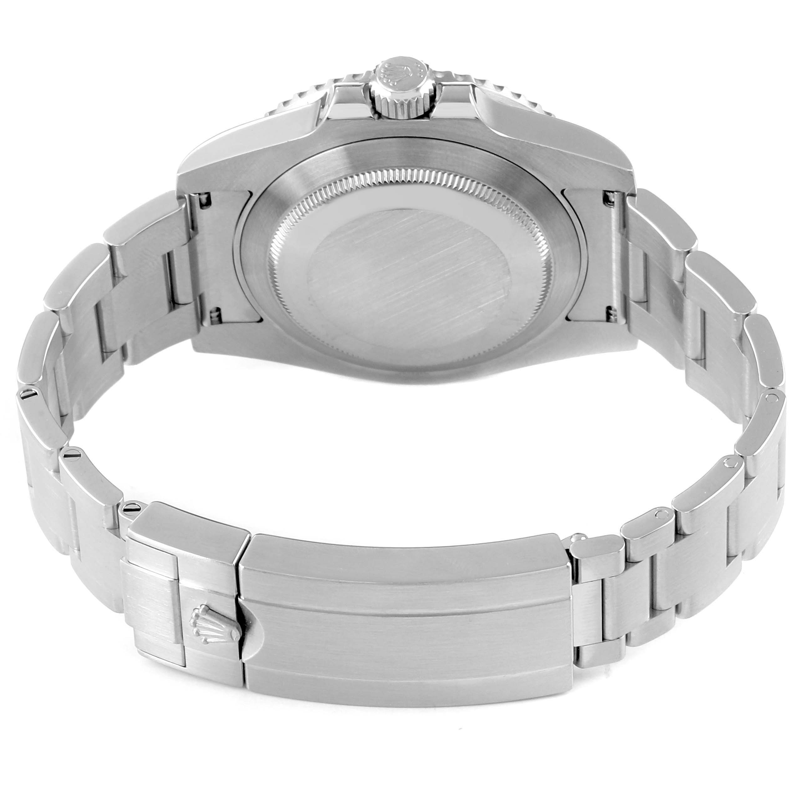 The image shows the back case and bracelet of a Rolex Submariner 116610LV Men's Stainless Steel Green Dial, highlighting the clasp and links from a rear angle.