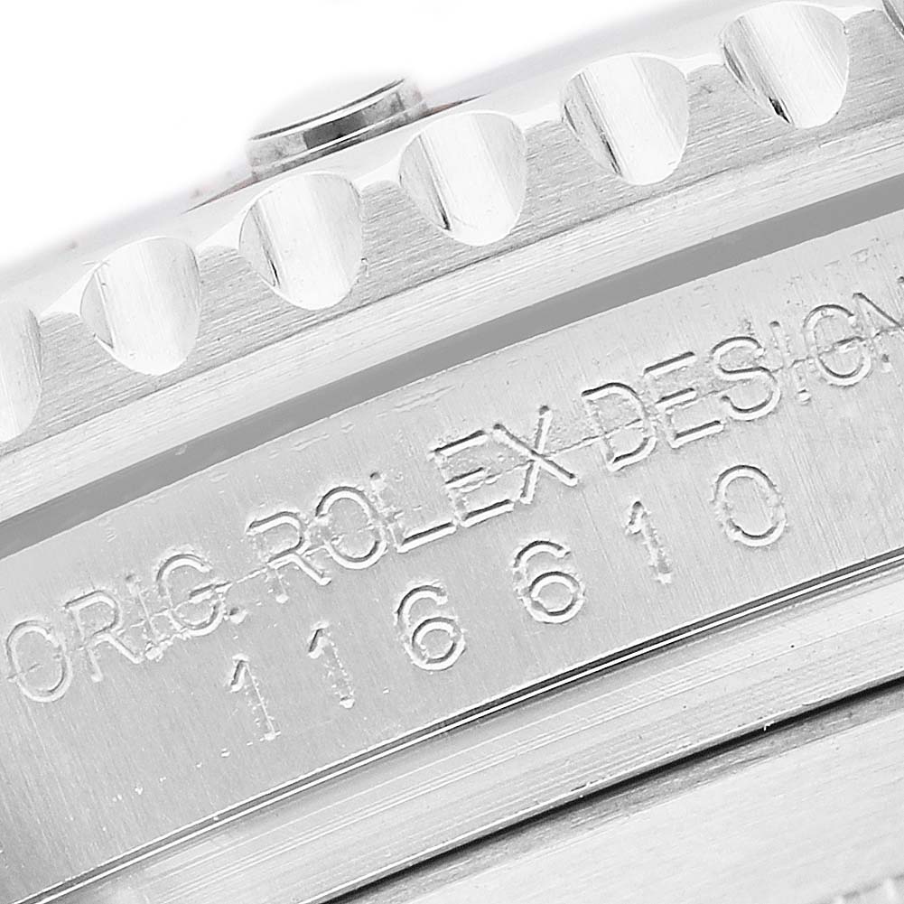 The image shows a close-up of the Rolex Submariner 116610LV Men's Stainless Steel Green Dial's case side, highlighting the model number engraving.