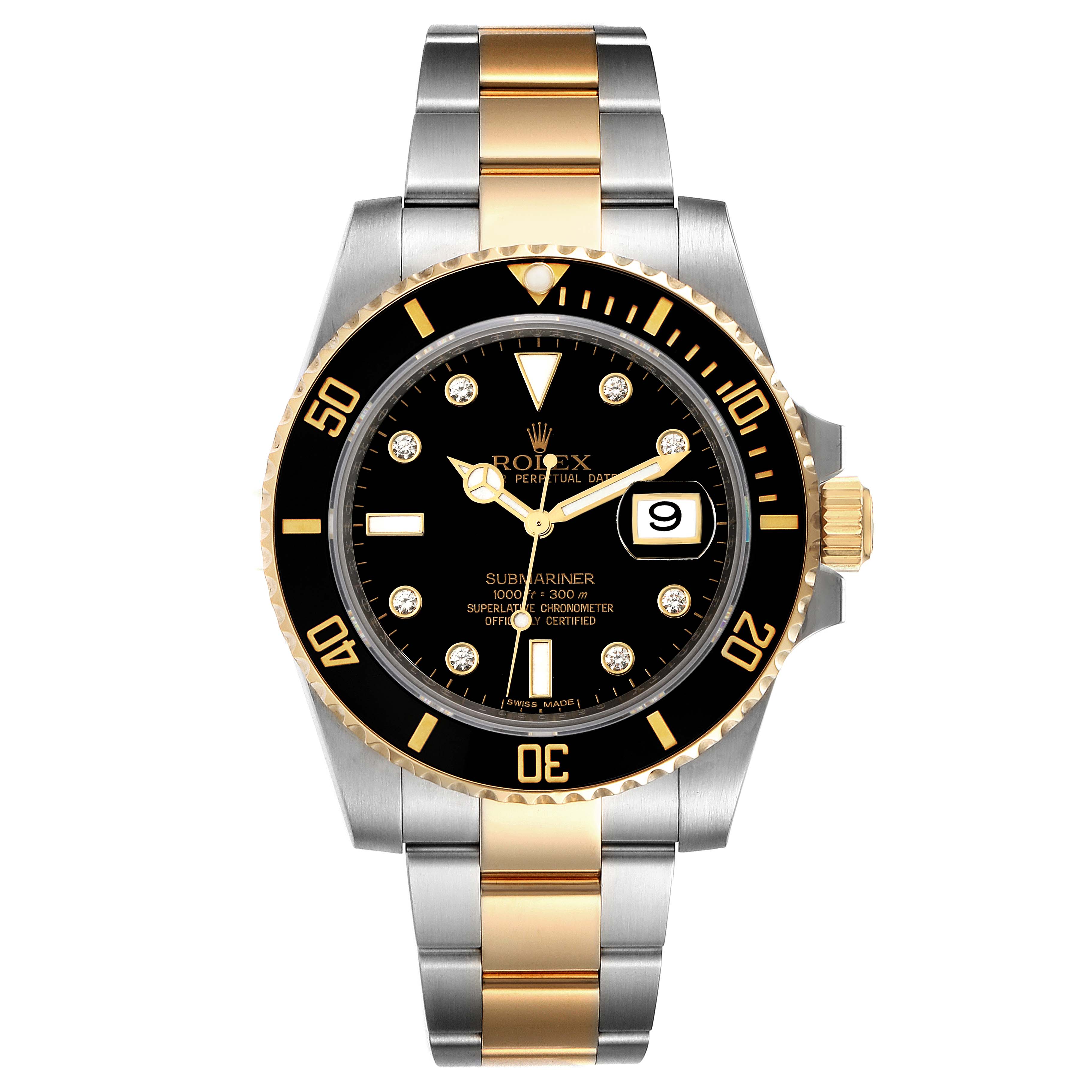 This image shows a front view of a Rolex Submariner 116613 Men's Steel and Gold (two tone) Black Dial 116613 Men's Steel and Gold (two tone) Black Dial watch, displaying the dial, bezel, crown, and two-tone bracelet.