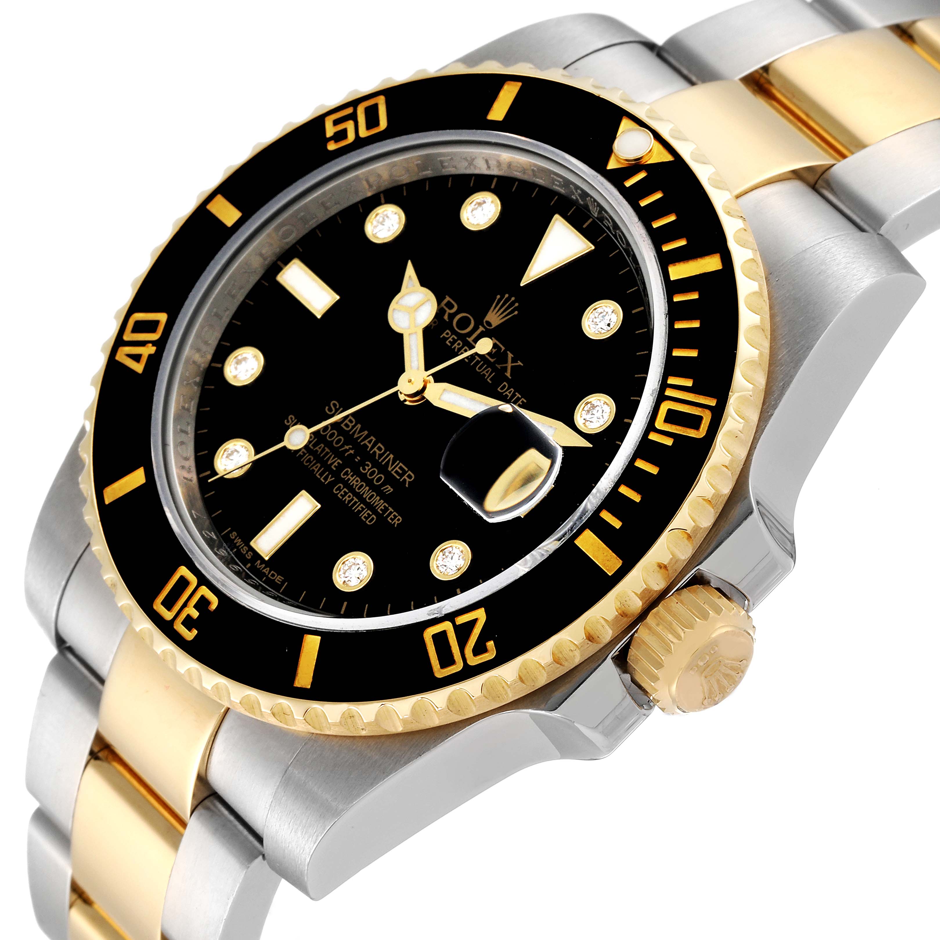 The image shows a close-up angle of the Rolex Submariner 116613 Men's Steel and Gold (two tone) Black Dial 116613 Men's Steel and Gold (two tone) Black Dial's face, bezel, crown, and part of its gold and silver bracelet.