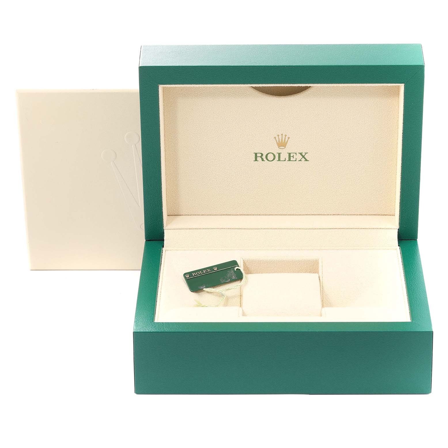 The image shows an open Rolex Submariner 116613 Men's Steel and Gold (two tone) Black Dial 116613 Men's Steel and Gold (two tone) Black Dial watch box with the interior and a tag in view.