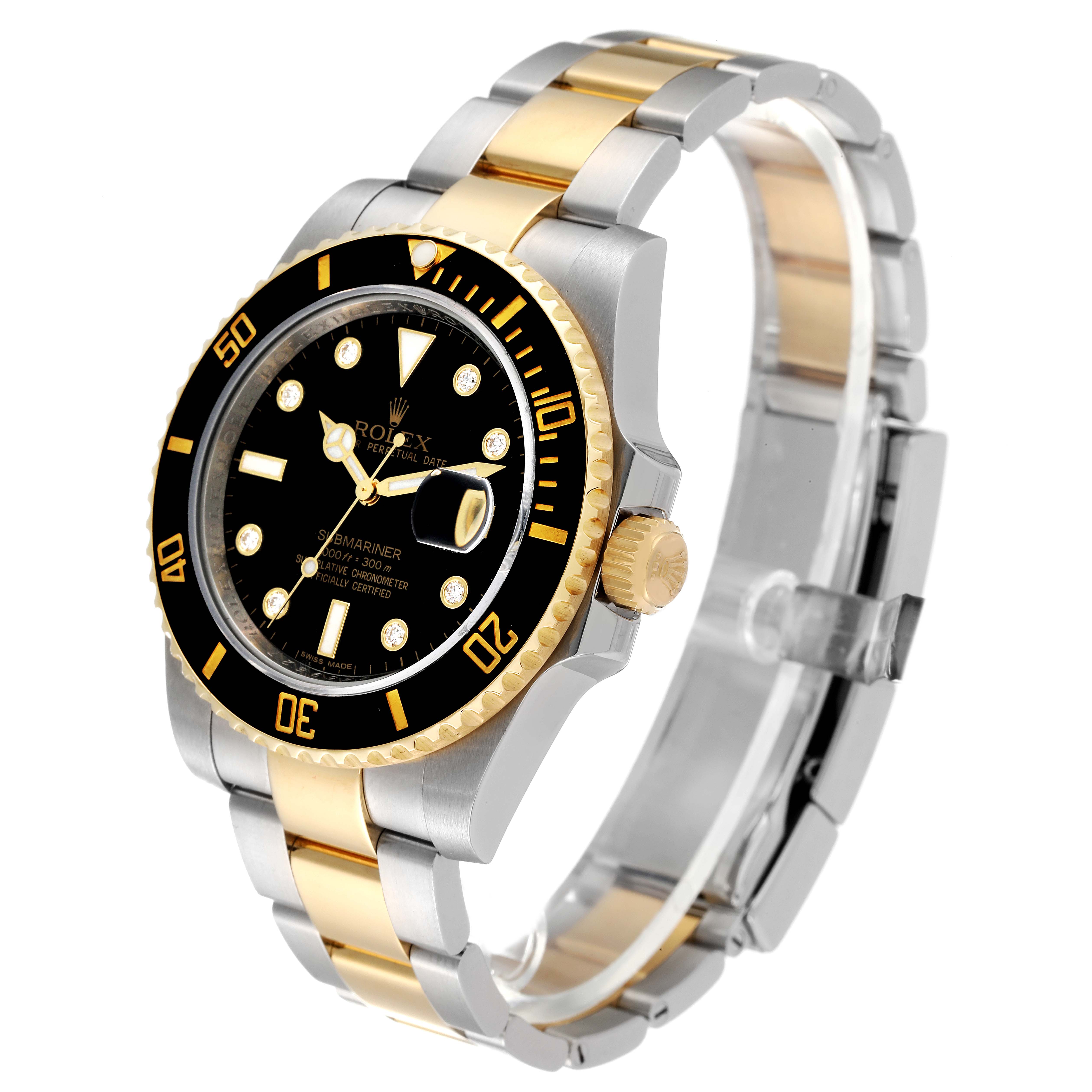 The image shows a Rolex Submariner 116613 Men's Steel and Gold (two tone) Black Dial 116613 Men's Steel and Gold (two tone) Black Dial watch at an angle displaying its black dial, bezel, and two-tone bracelet.