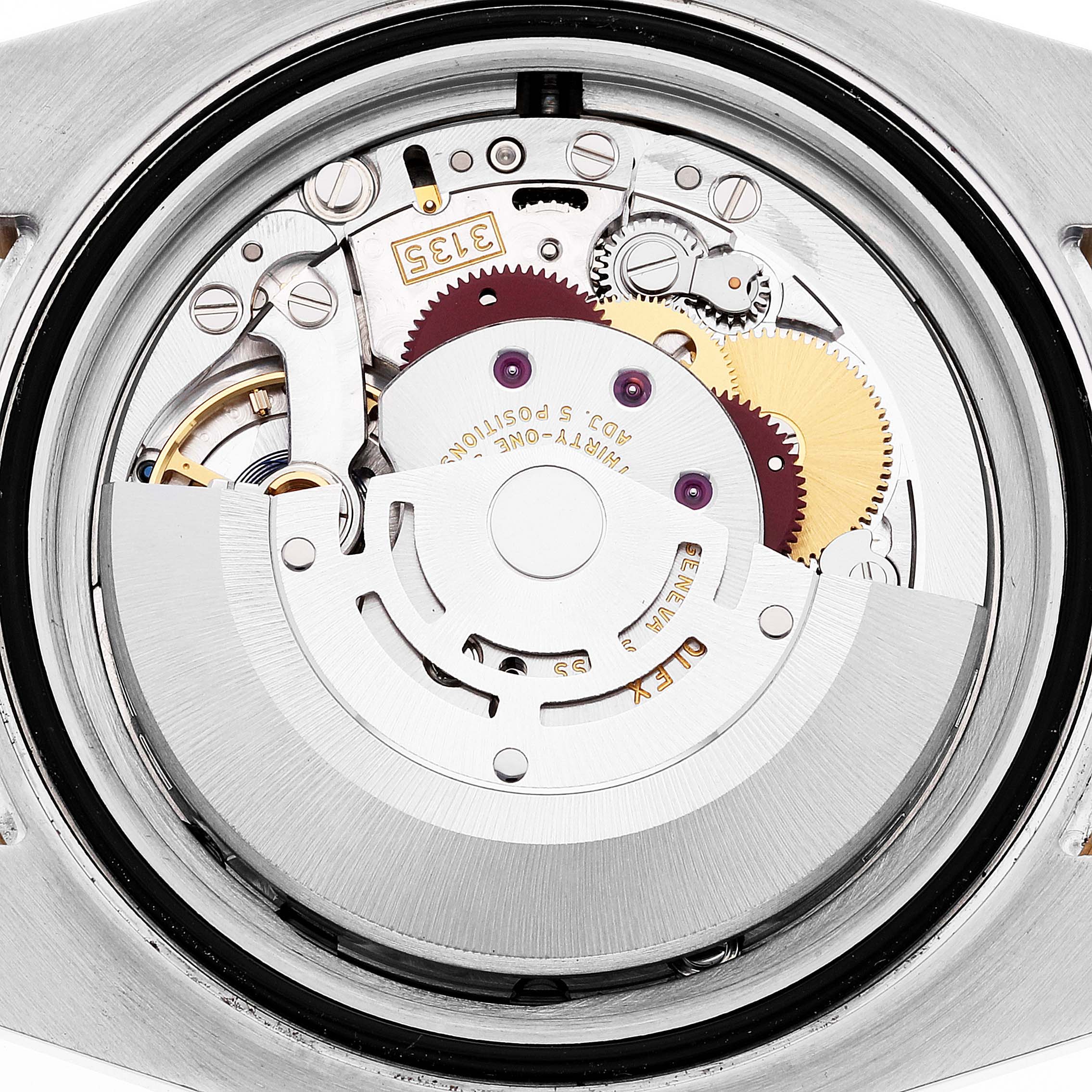 This image shows the intricate internal movement of a Rolex Submariner 116613 Men's Steel and Gold (two tone) Black Dial 116613 Men's Steel and Gold (two tone) Black Dial watch viewed from the back.