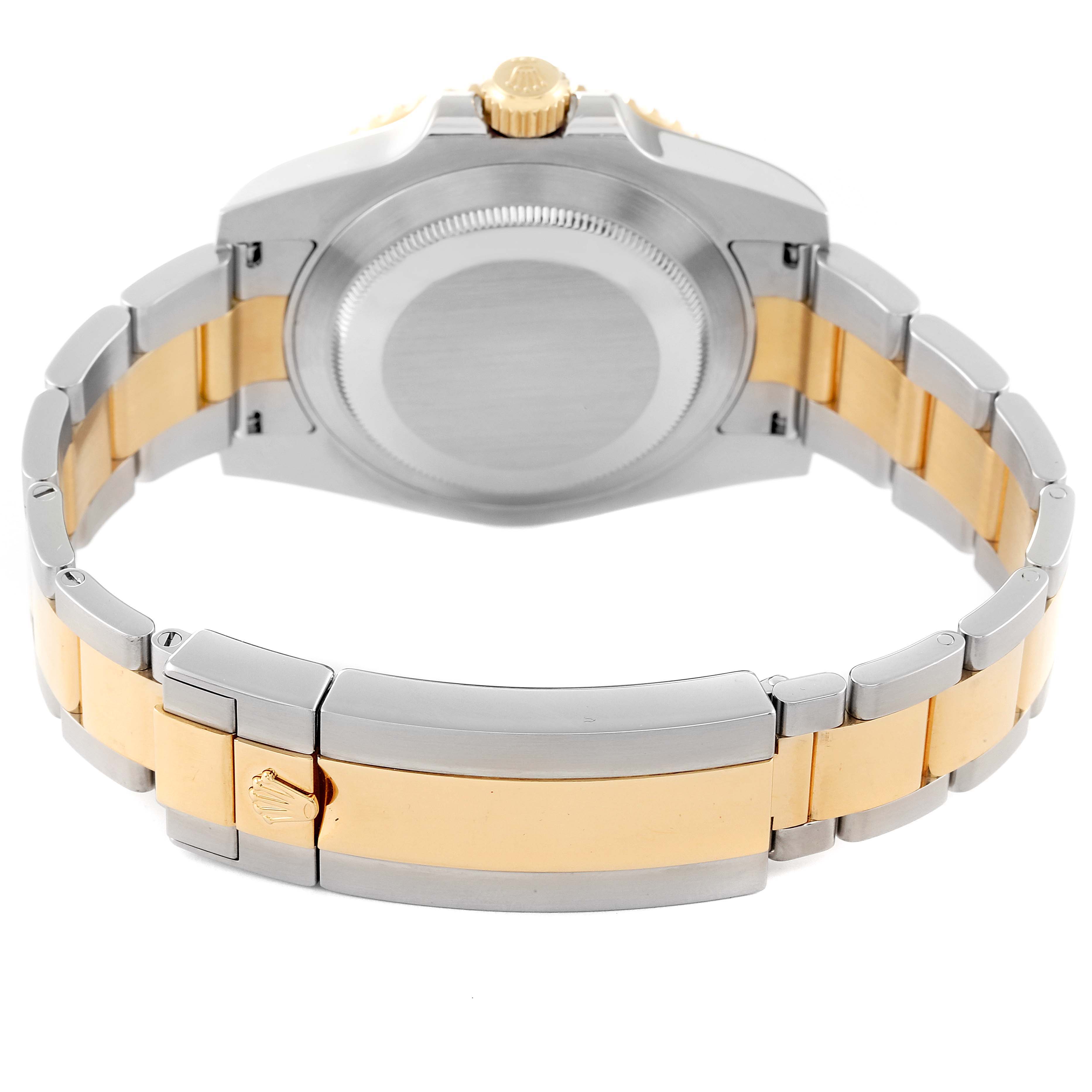 The image shows the back case and bracelet of a Rolex Submariner 116613 Men's Steel and Gold (two tone) Black Dial 116613 Men's Steel and Gold (two tone) Black Dial watch, highlighting its two-tone metal design.